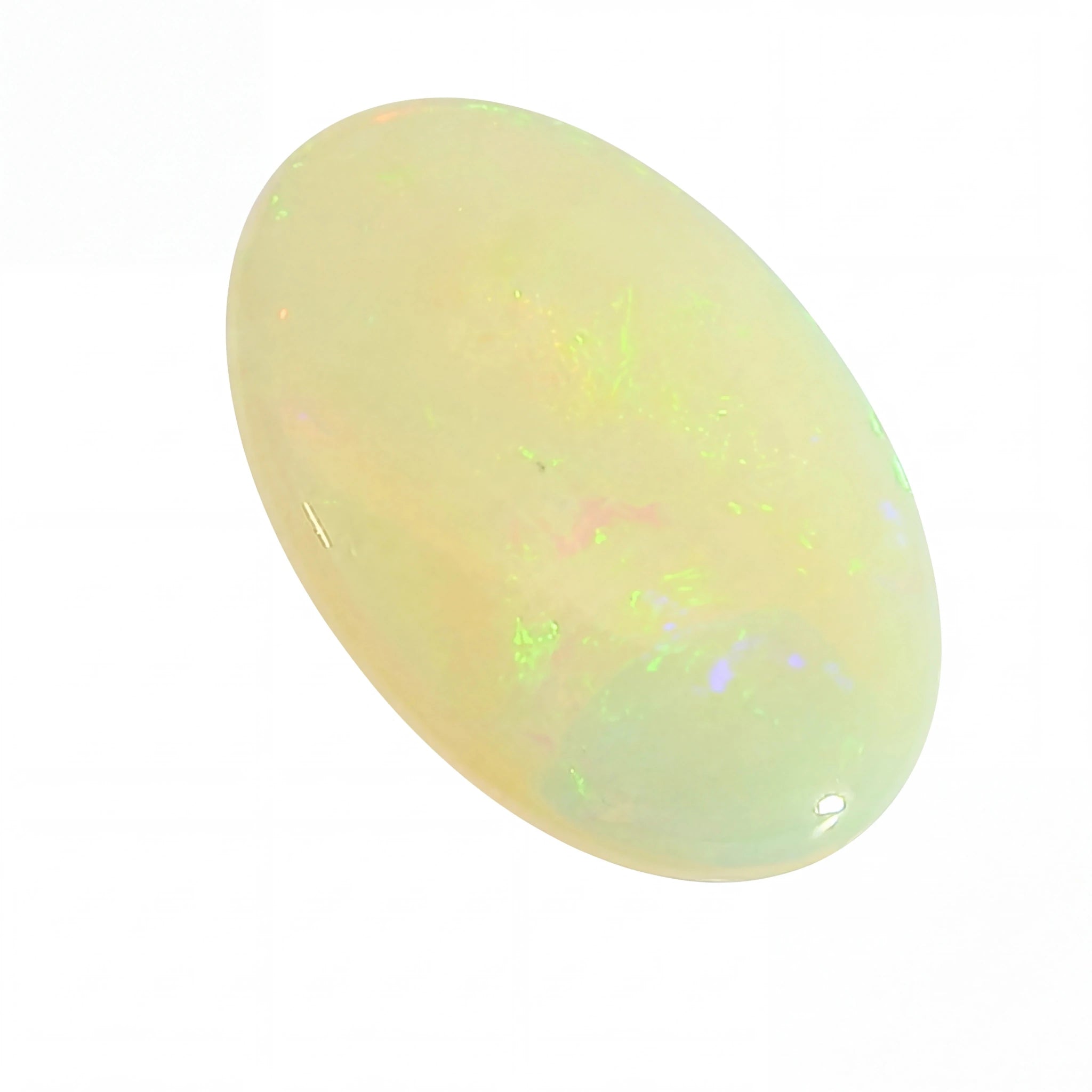 A polished oval cabochon gemstone with a milky white base and iridescent flashes of yellow, green, and pink, shown on a plain white background.