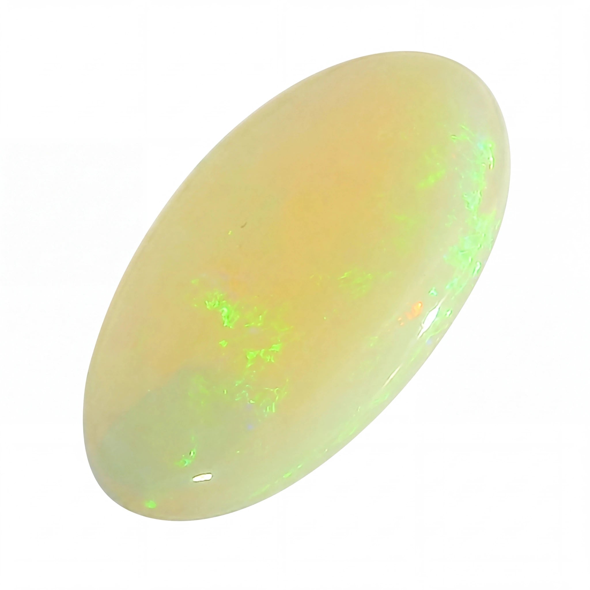 A polished oval cabochon opal gemstone showing a creamy off-white base with vibrant neon green flashes, set against a plain white background.