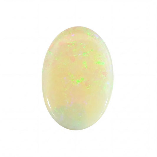 A polished oval cabochon gemstone with a milky white base and vibrant, shifting iridescent flashes of green, pink, and blue, set against a plain white background.