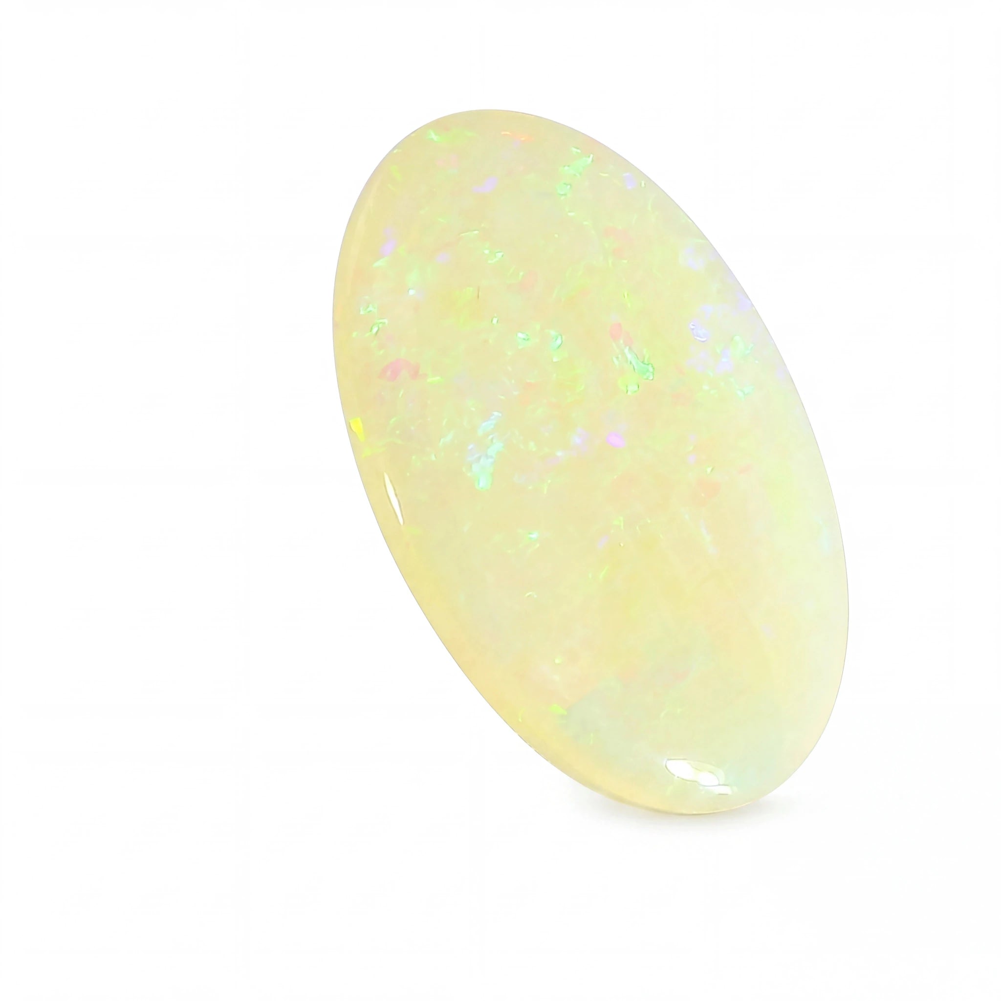 A polished oval cabochon gemstone with a milky white base and vibrant iridescent flashes of green, blue, and pink, displayed on a clean white background.