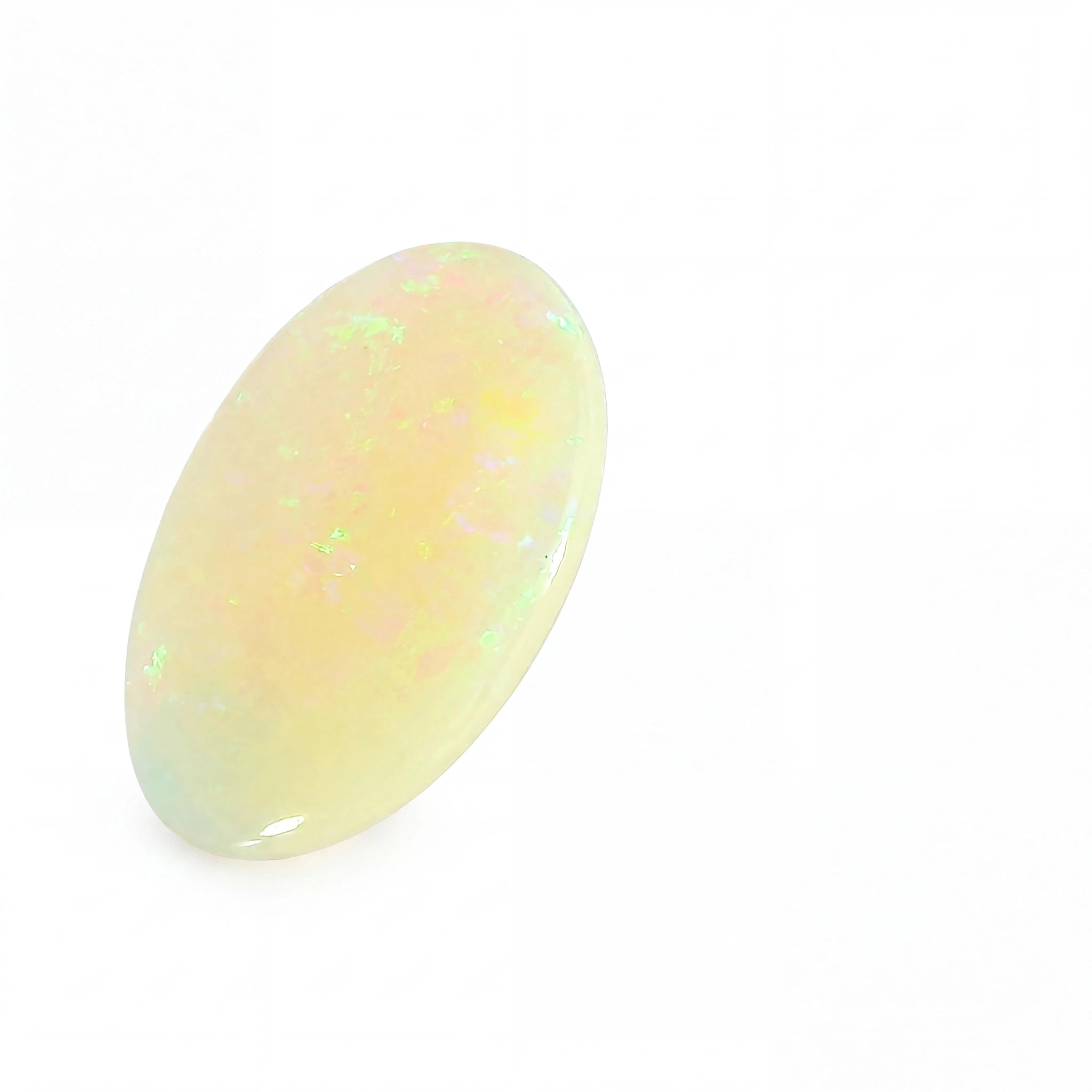 A polished oval cabochon gemstone with a milky white base and iridescent flashes of green, pink, and yellow, set against a plain white background.