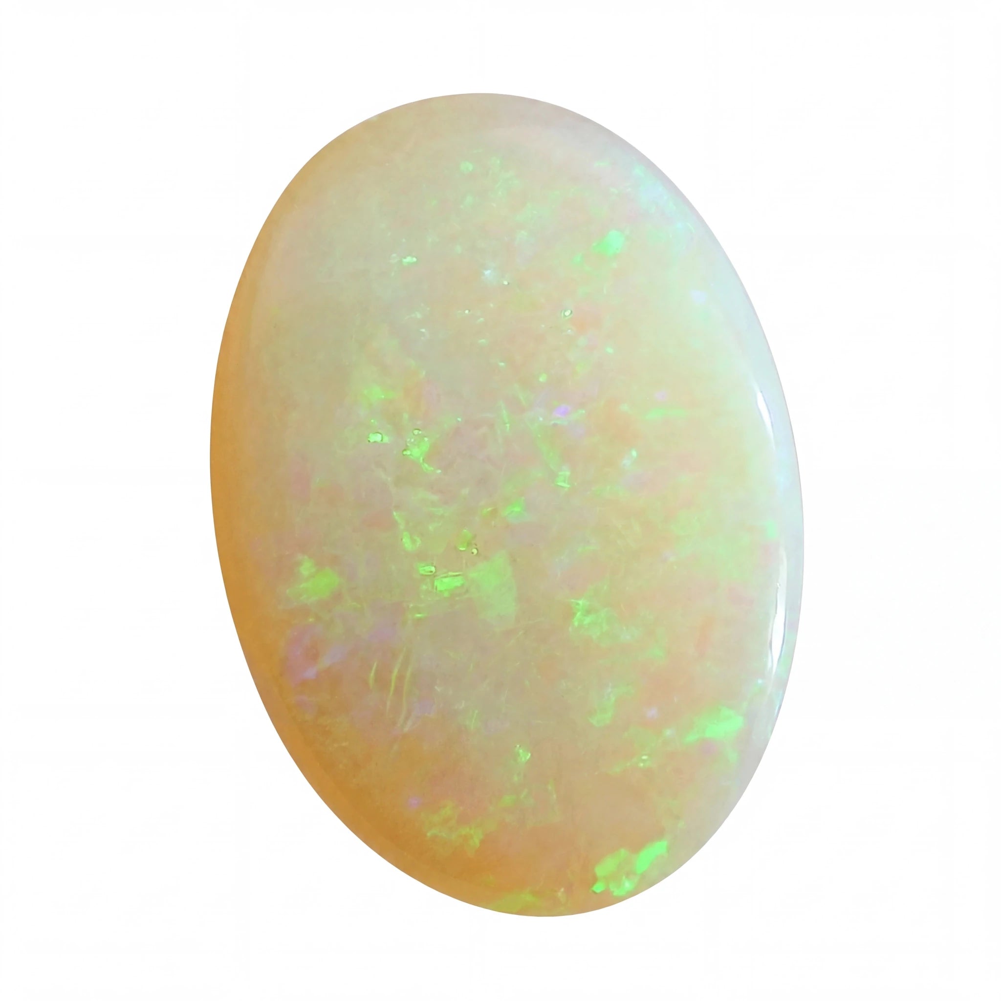 A polished oval cabochon gemstone showing a milky white and peachy-orange base with vibrant, shifting flashes of neon green and purple iridescence, isolated on a white background.