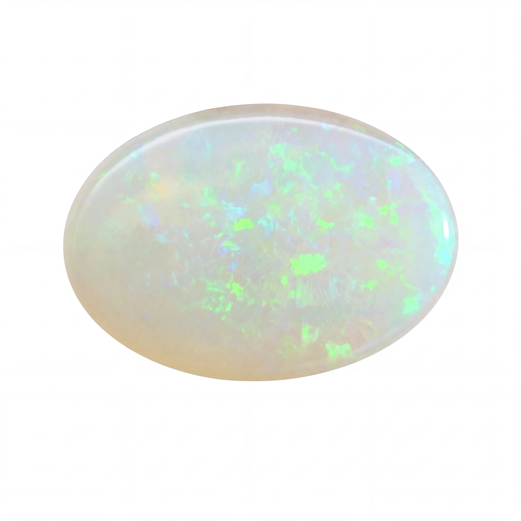 A polished oval cabochon opal gemstone displaying a play-of-colour with vibrant green, blue, and white flashes on a pale cream base, isolated on a white background.