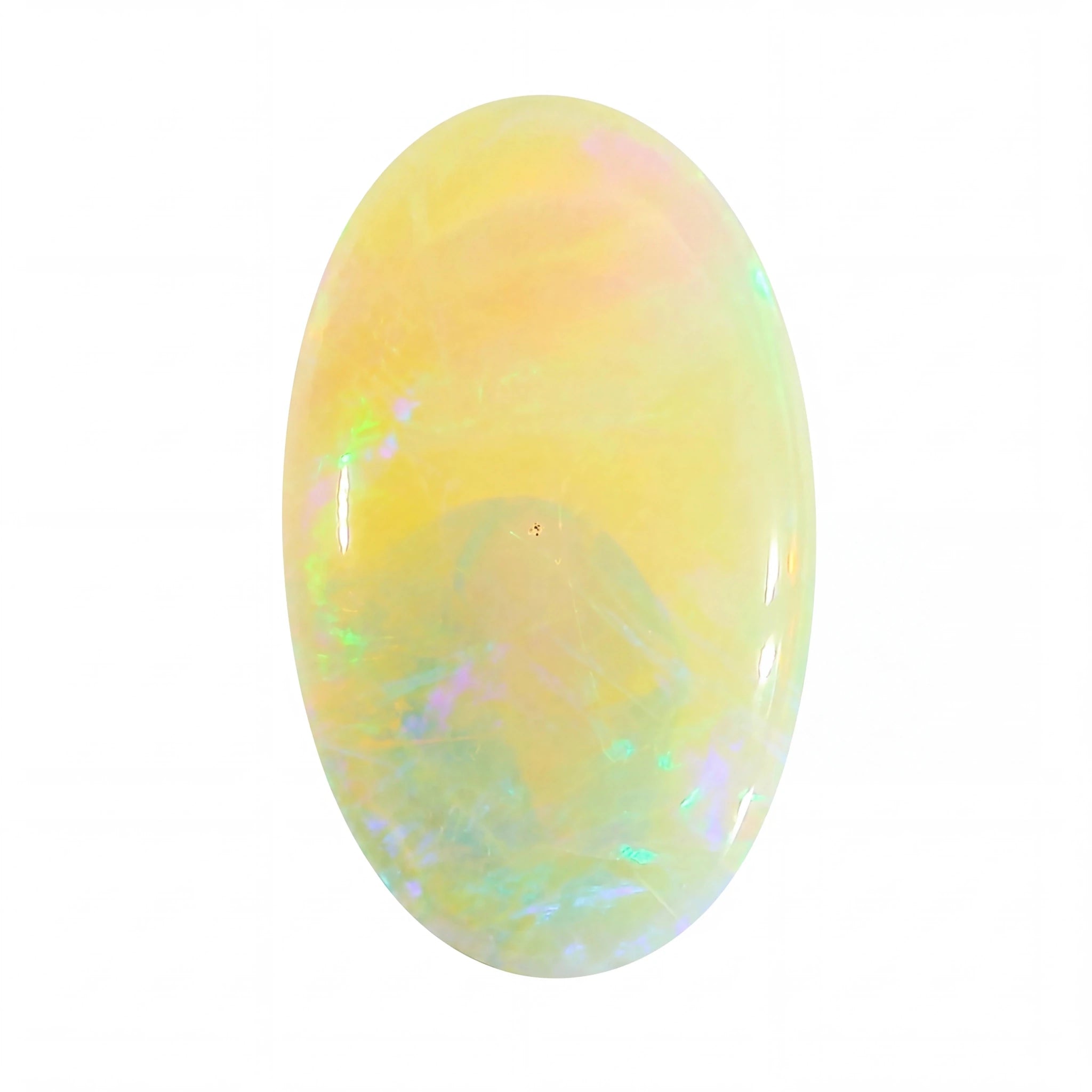 A polished oval cabochon opal gemstone displaying a soft yellow body with iridescent flashes of green, blue, and pink, set against a plain white background.