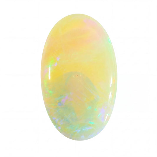 A polished oval cabochon opal gemstone displaying a soft yellow body with iridescent flashes of green, blue, and pink, set against a plain white background.