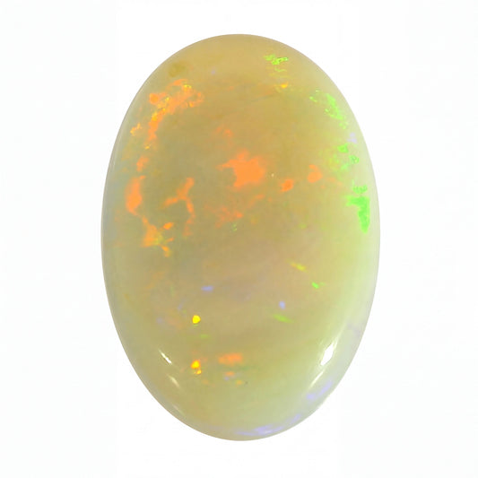 Oval-shaped opal gemstone with multicoloured play of light on a white background