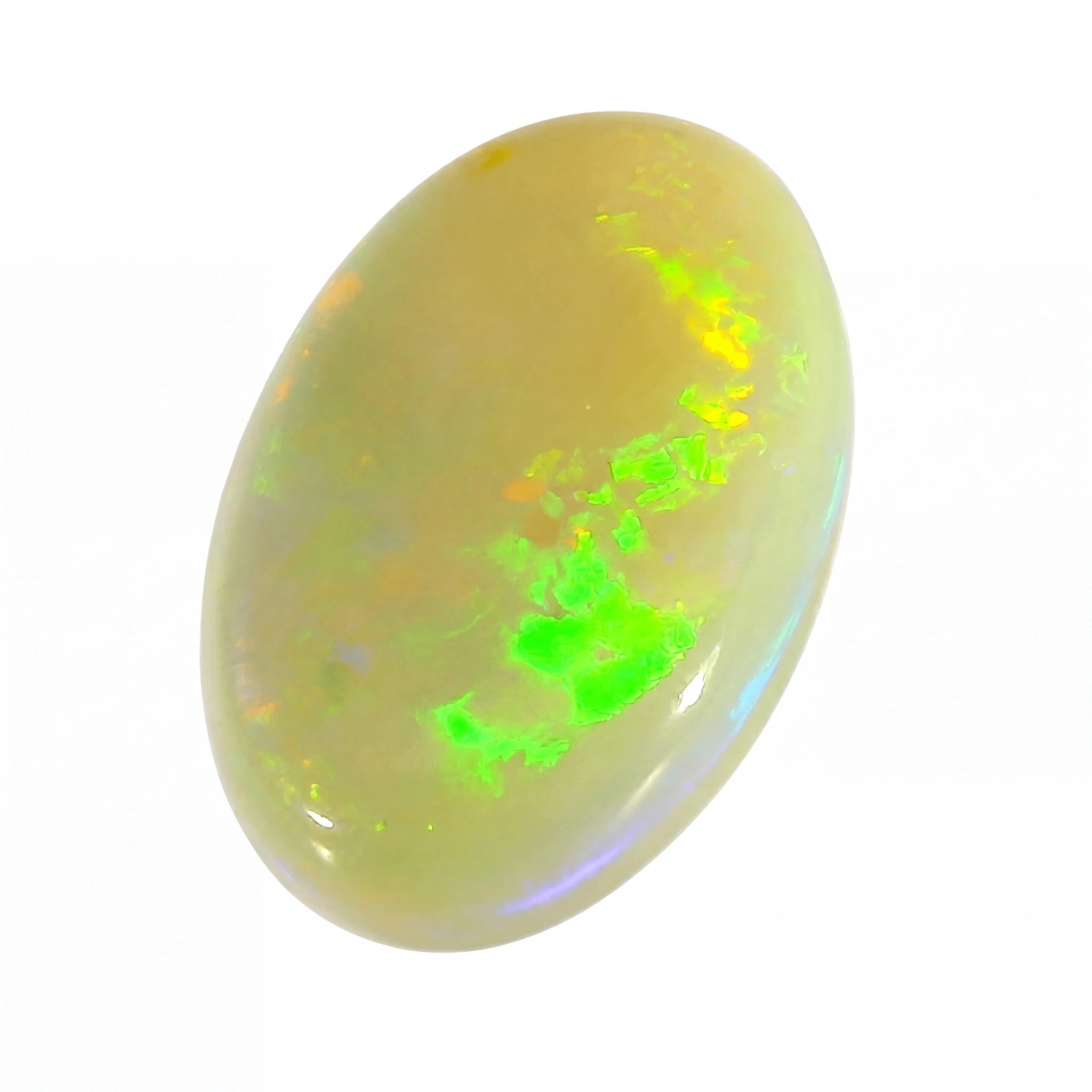 Opal stone with green fluorescence on a white background