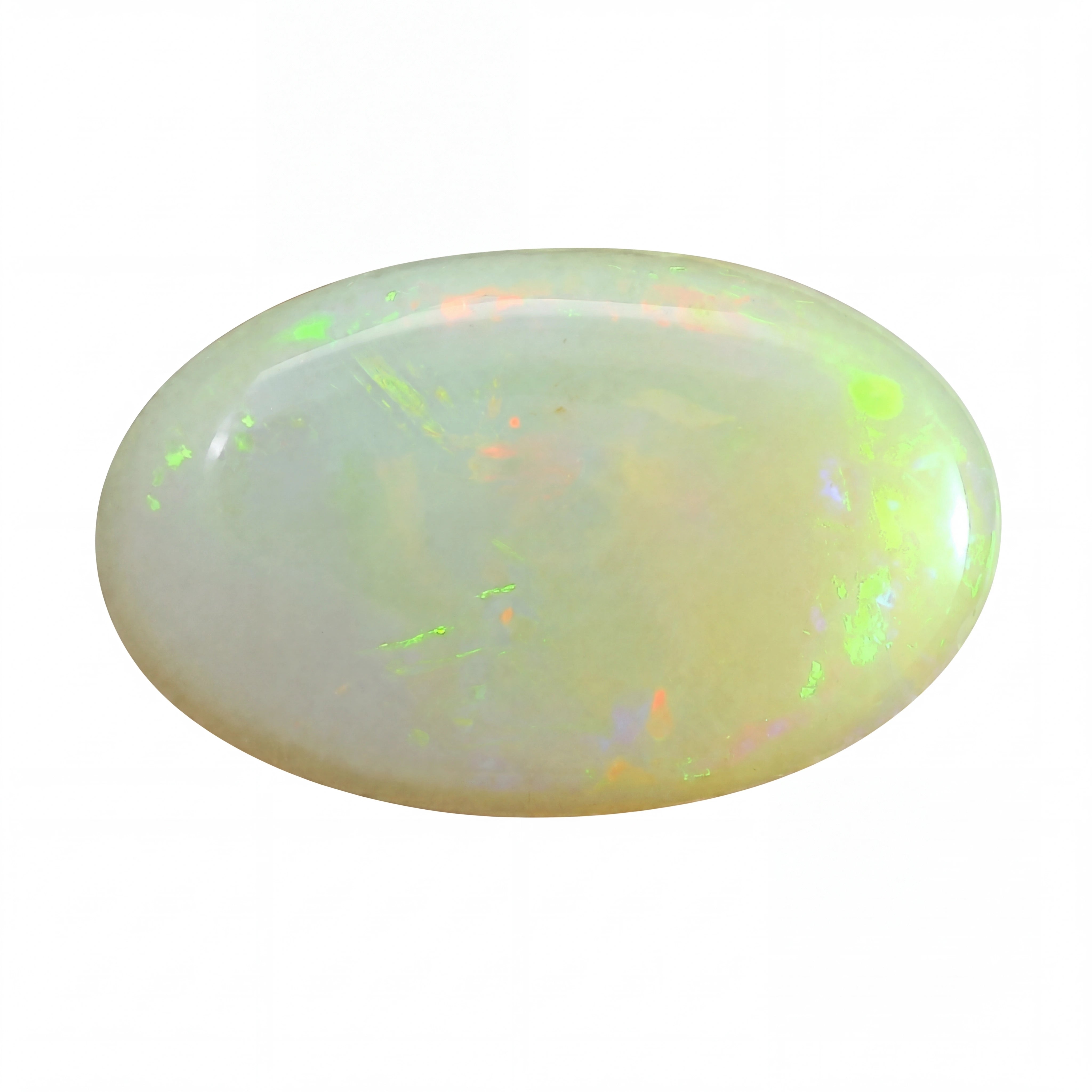 Opal stone with multicoloured play of light on a white background