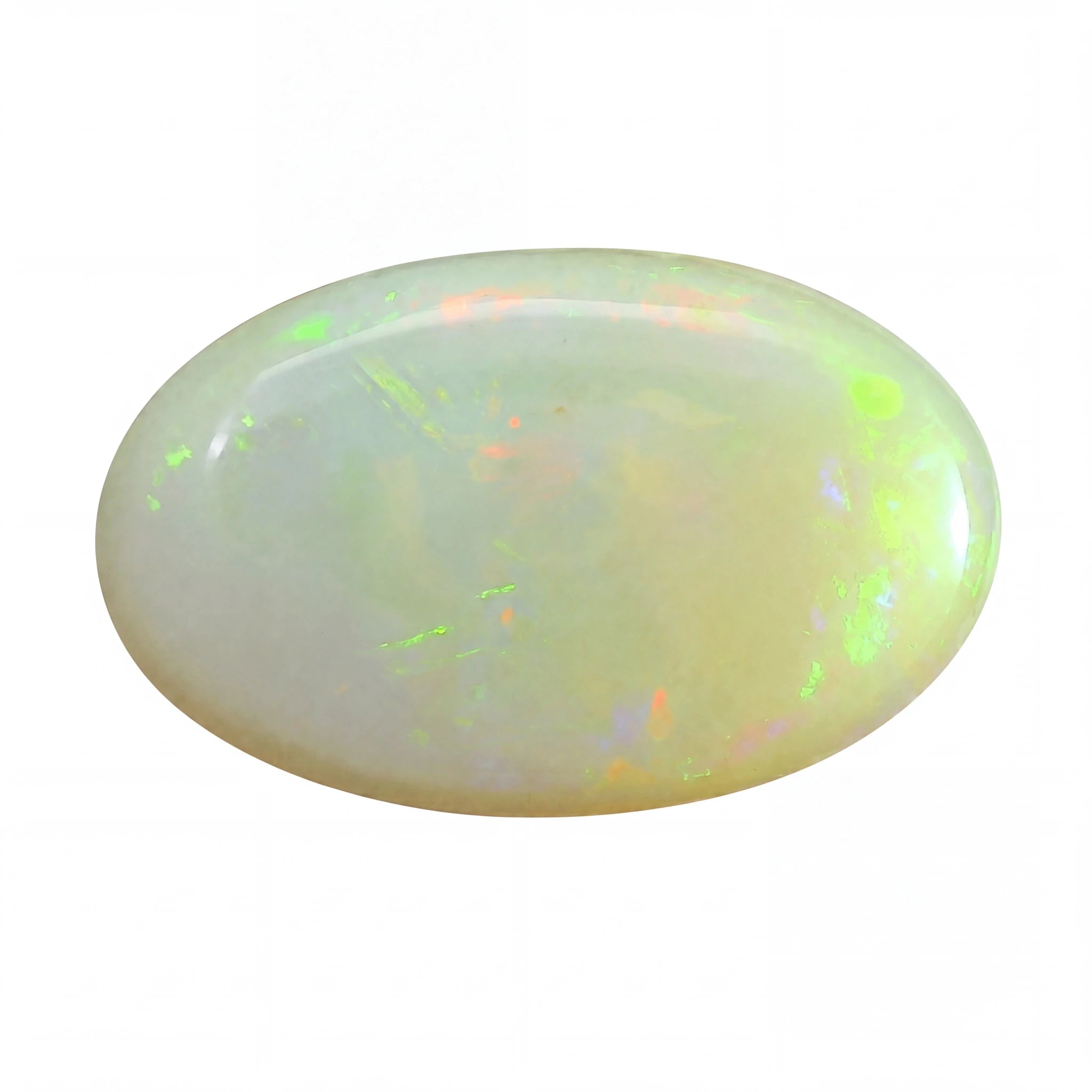 Opal stone with multicoloured play of light on a white background