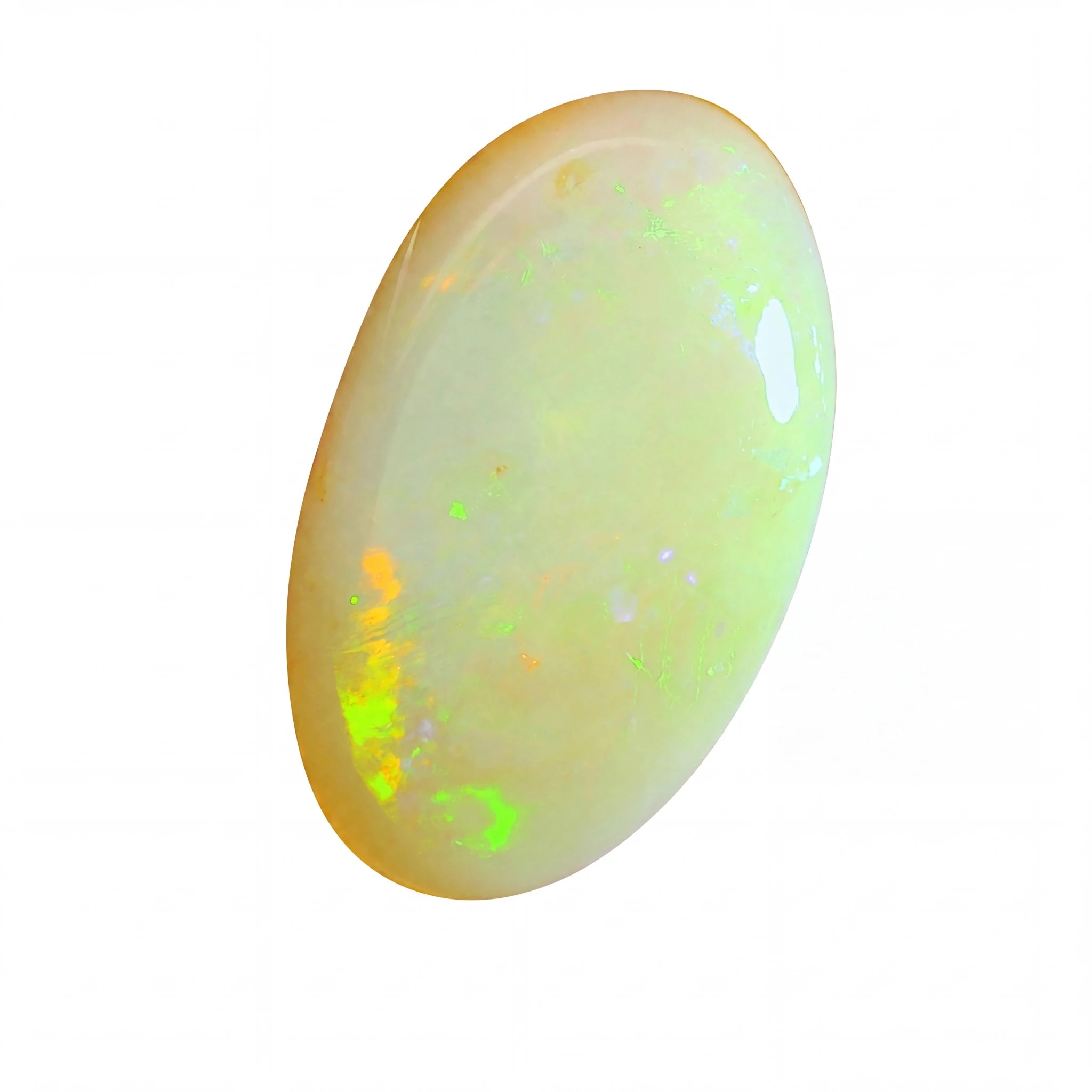 Opal stone with multicoloured play of light on a white background