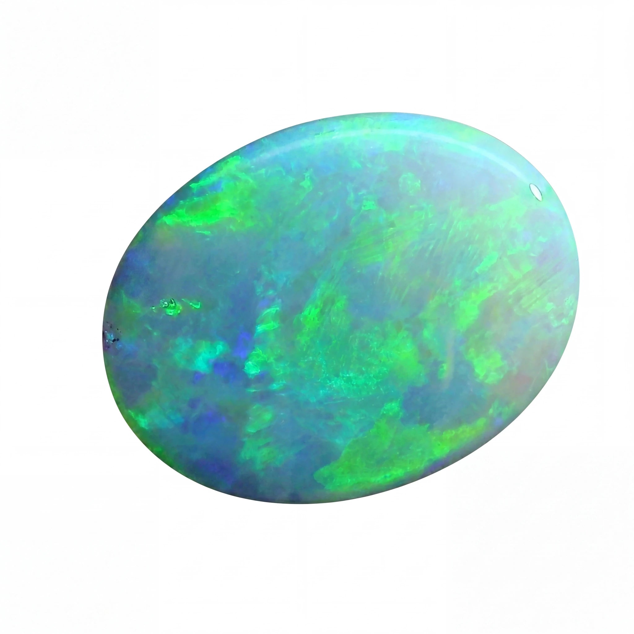 Oval-shaped opal stone with green and blue colours on a white background