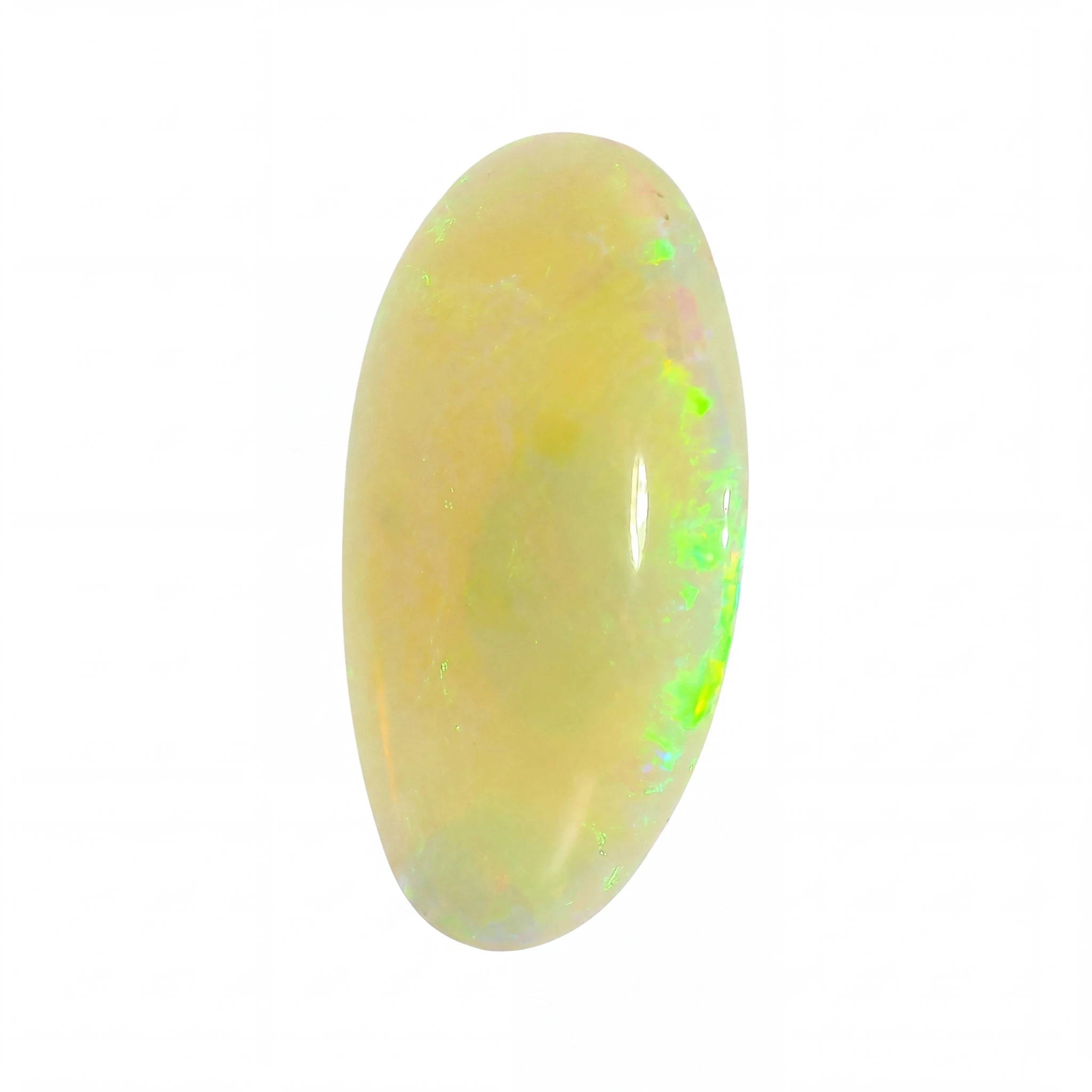 Opal stone with a greenish hue on a white background