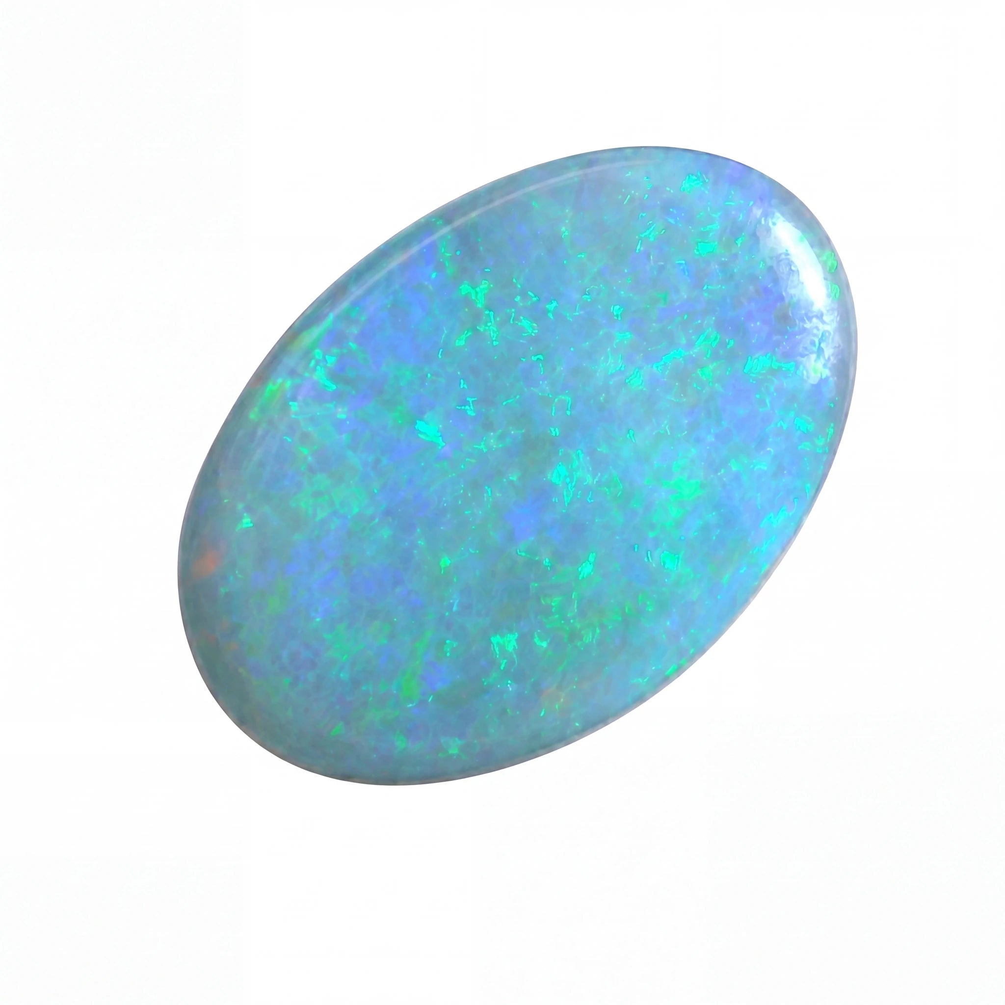 Opal stone with multicoloured fluorescence on a white background