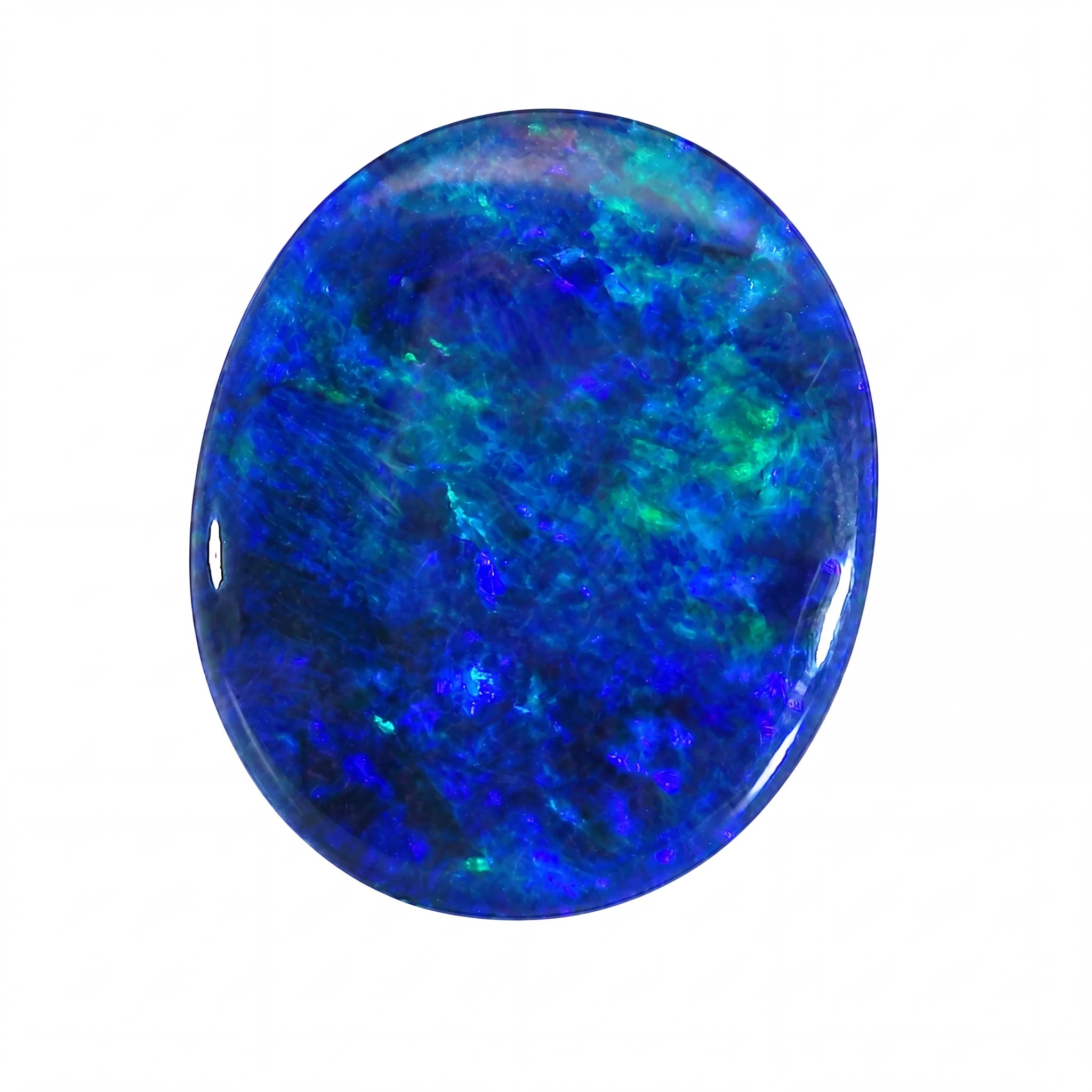 Oval-shaped blue opal gemstone on a white background