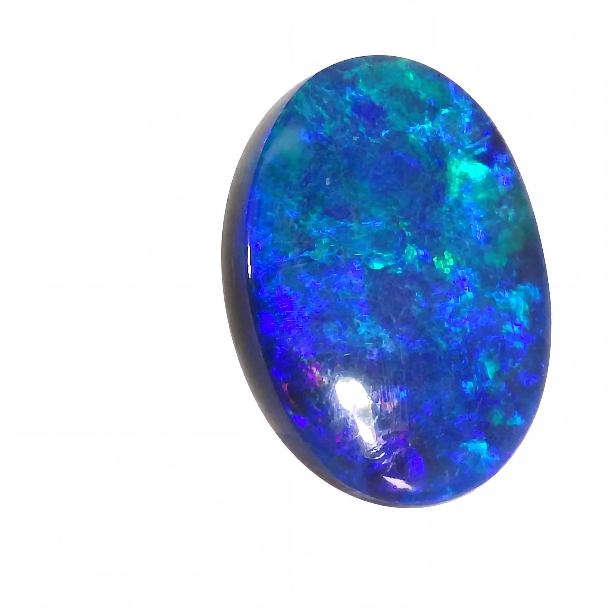Oval-shaped opal stone with vibrant blue and green colours on a white background
