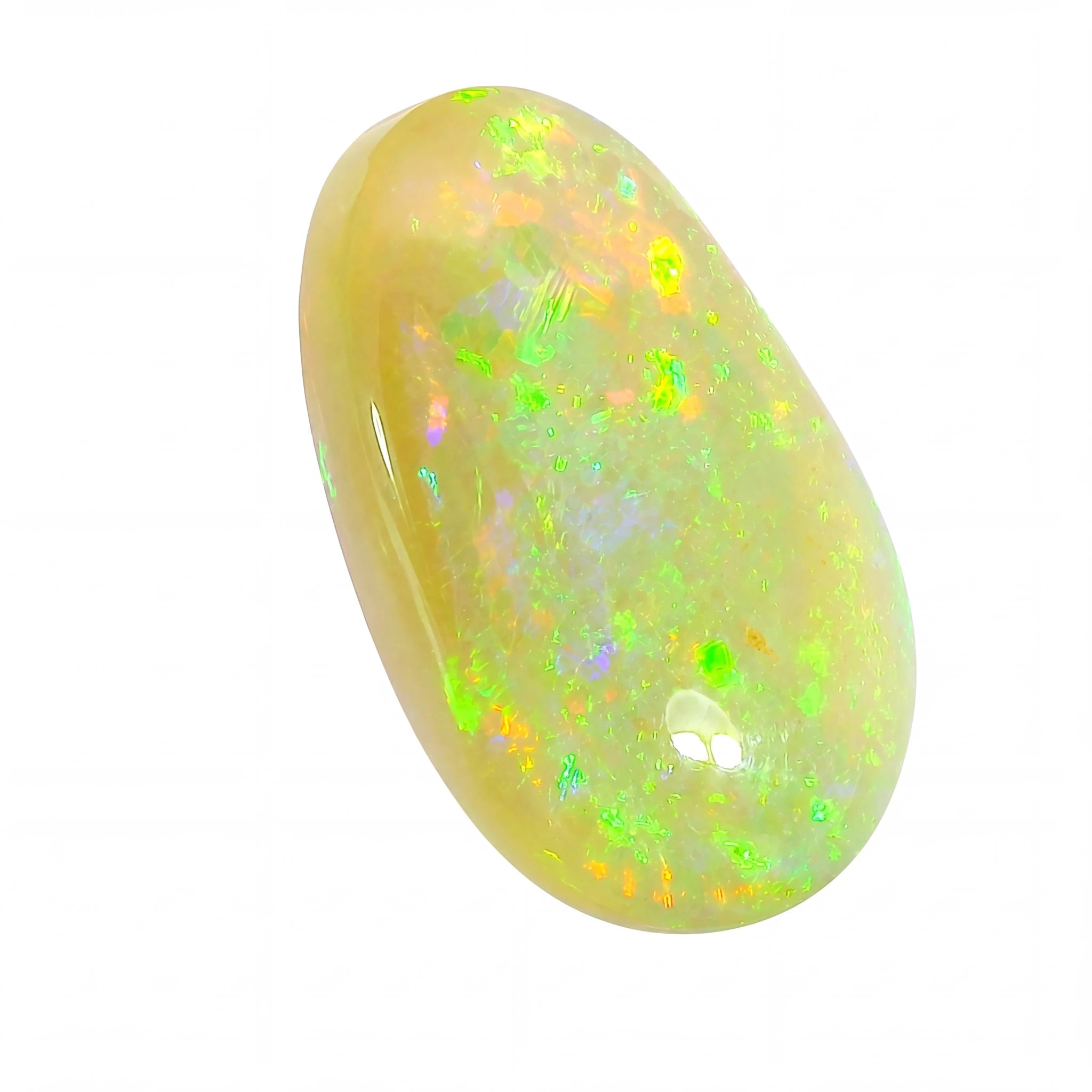 Opal stone with colourful internal patterns on a white background