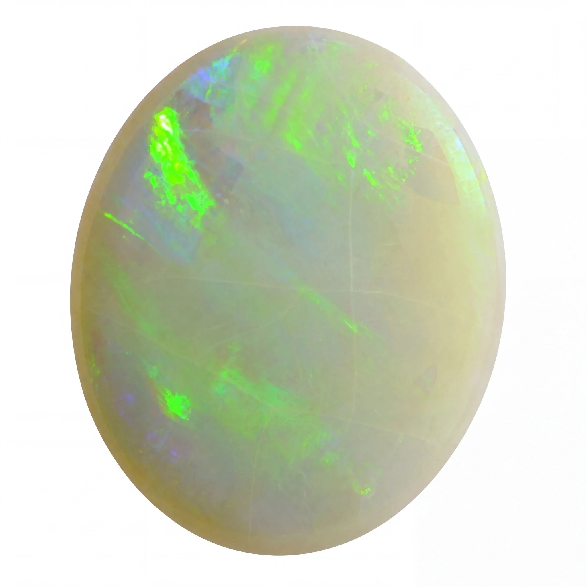 Opal stone with green and blue fluorescence on a white background