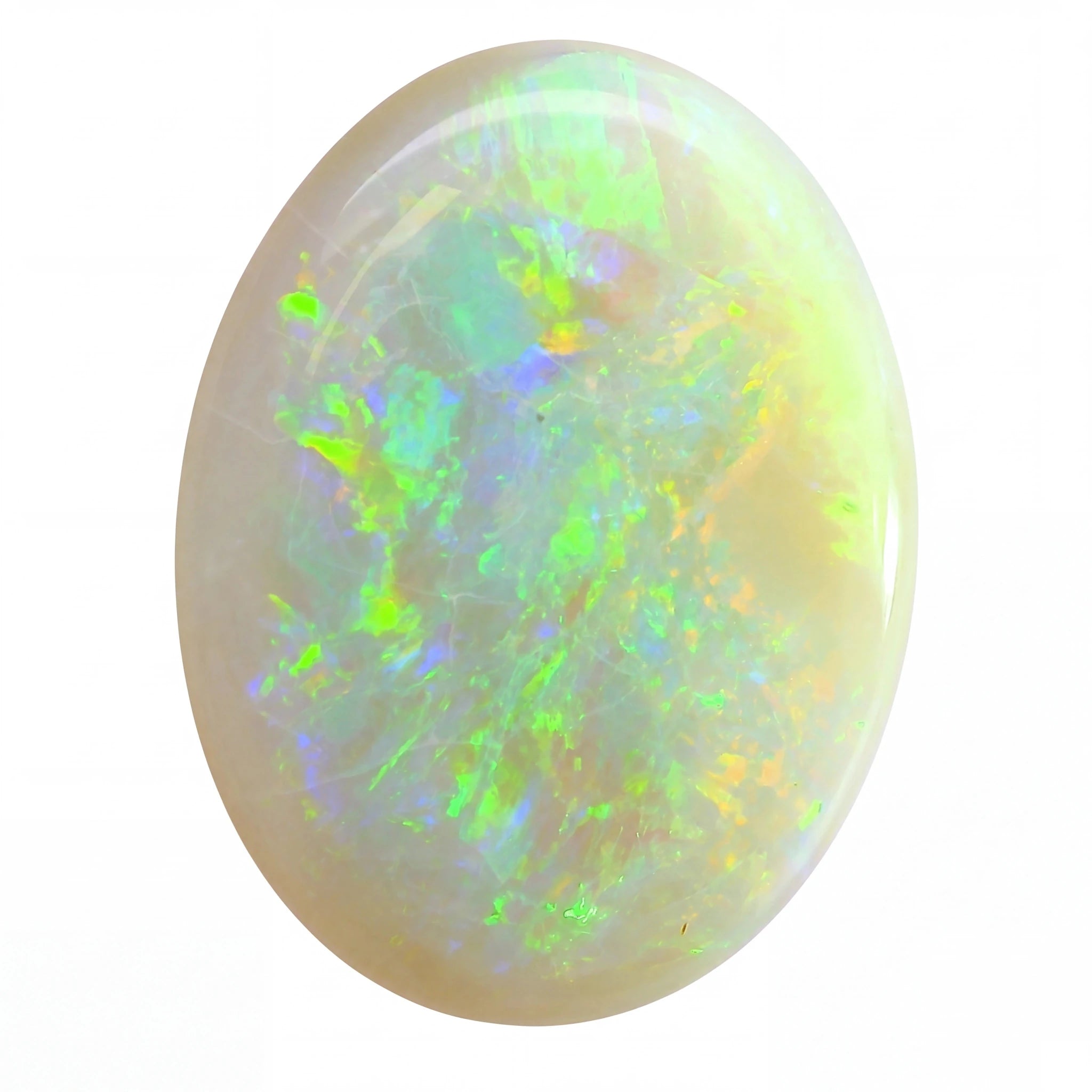 Opal stone with vibrant green and blue colours on a white background