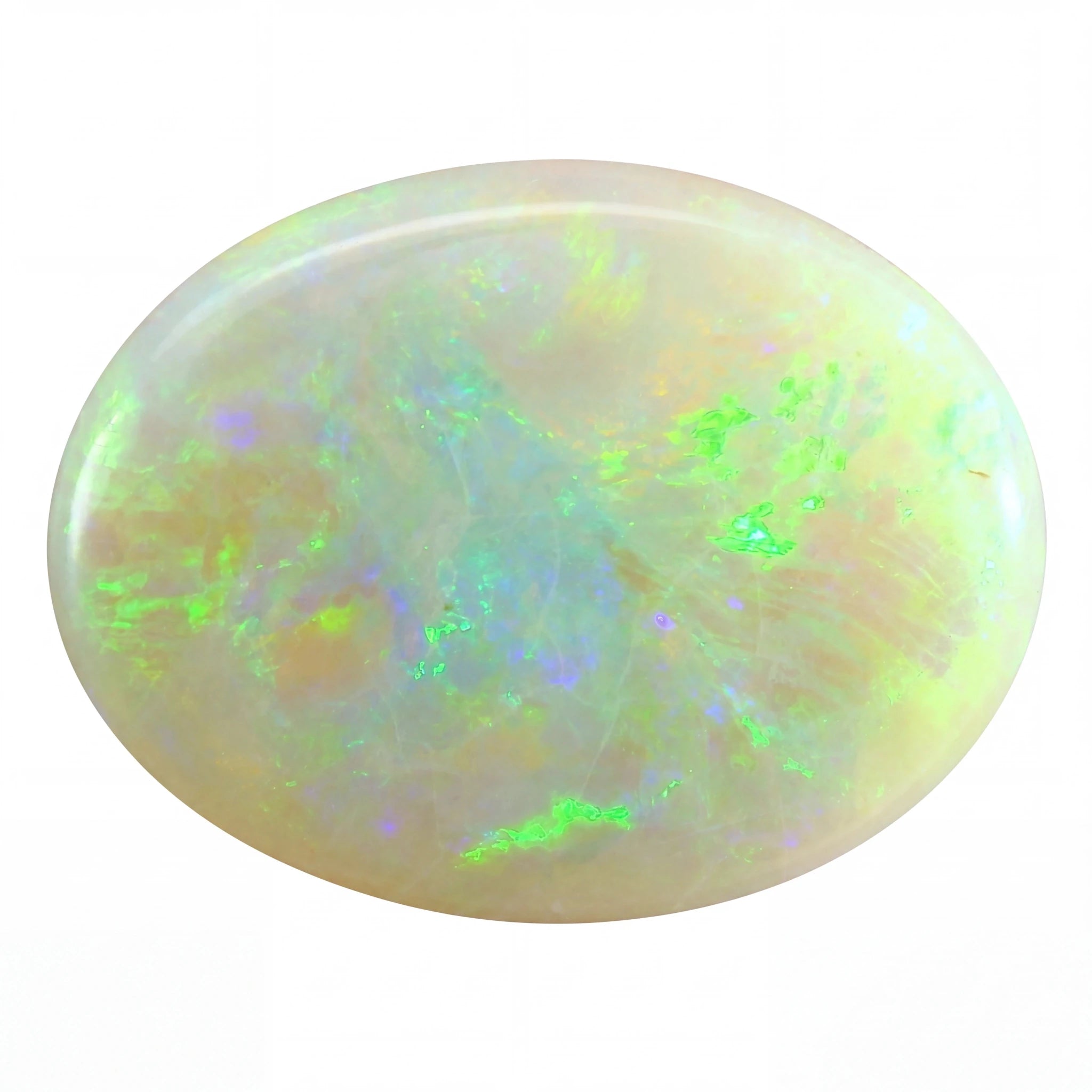 A polished oval cabochon opal gemstone displaying a play-of-colour with vibrant green, blue, and purple flashes over a creamy off-white base, isolated on a white background.
