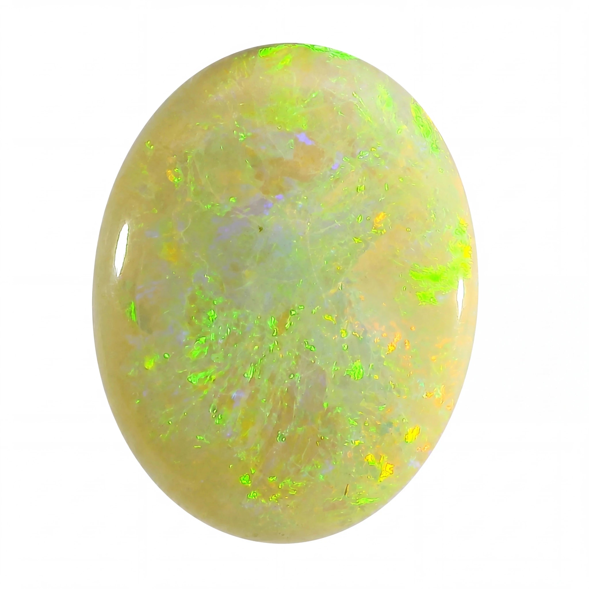 A polished oval cabochon gemstone featuring a creamy beige base with vibrant, swirling flashes of neon green, yellow, and hints of blue, set against a plain white background.