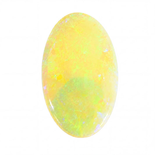 A polished oval cabochon gemstone showing a vibrant yellow colour with iridescent flashes of green, blue, and white, set against a plain white background.