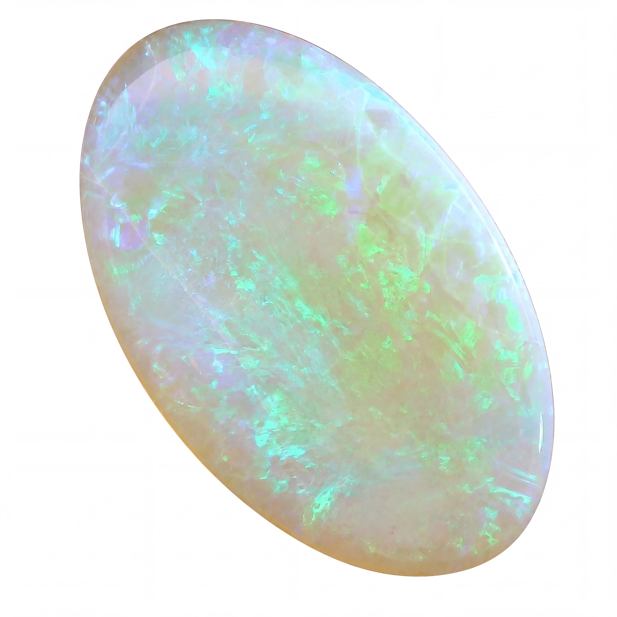 Oval-shaped opal gemstone with multicolour play of light on a white background