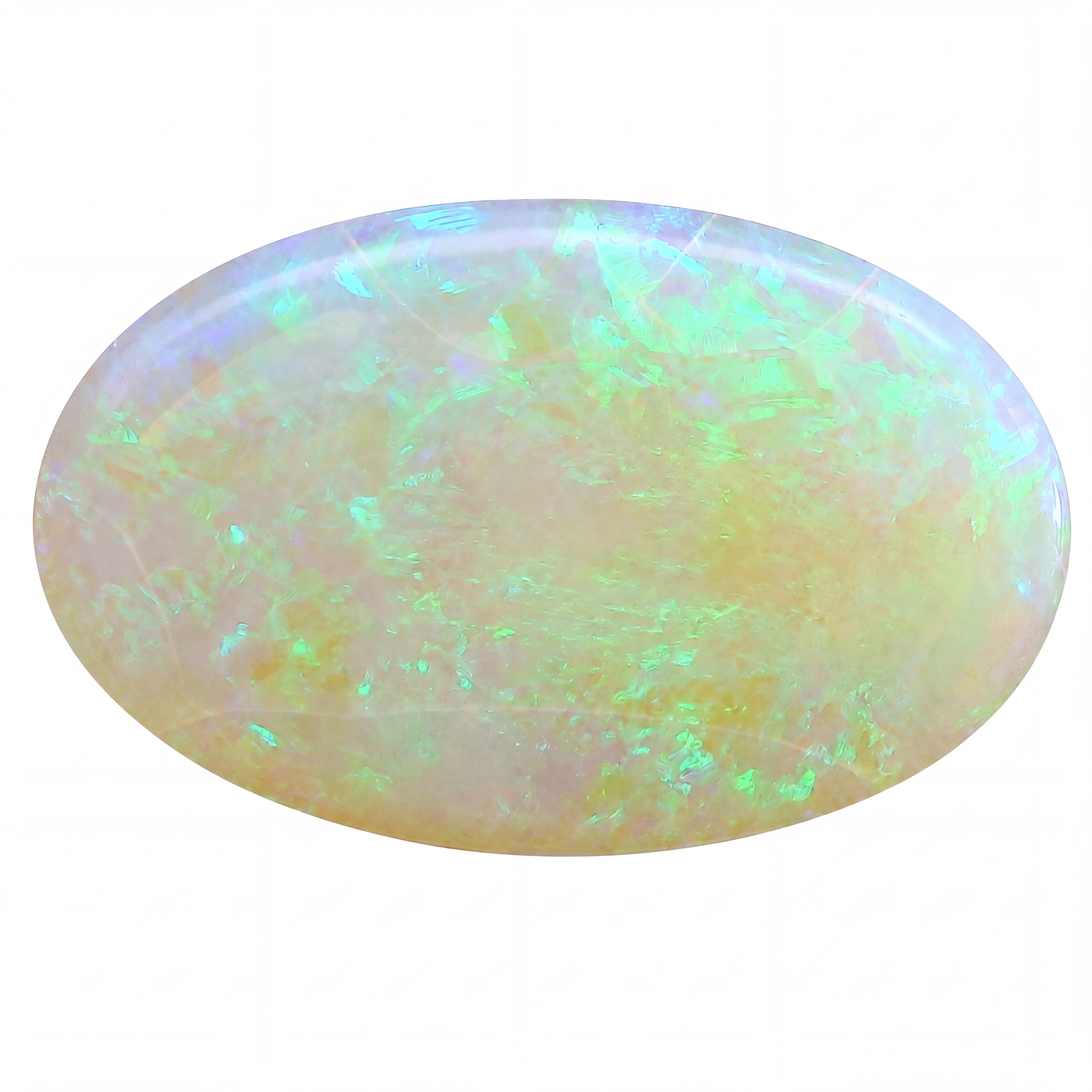 Oval-shaped opal gemstone on a white background