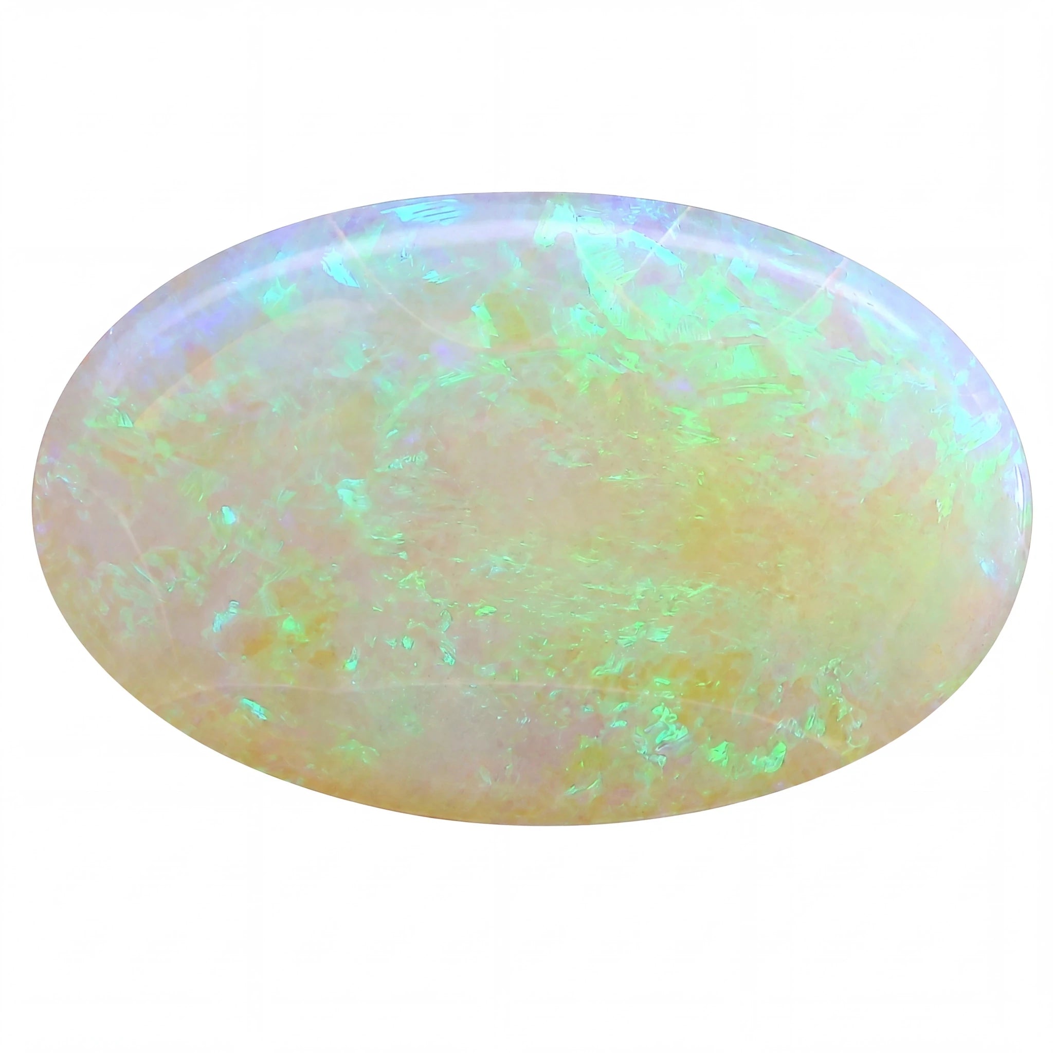 A polished oval cabochon gemstone with a milky white base and vibrant iridescent flashes of green, blue, and soft yellow, isolated on a white background.