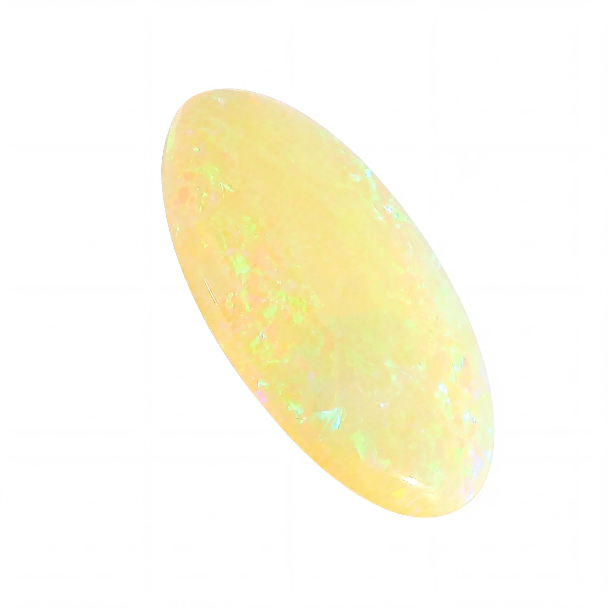 A polished oval cabochon gemstone with a soft yellow body and iridescent flashes of green and blue, shown on a plain white background.