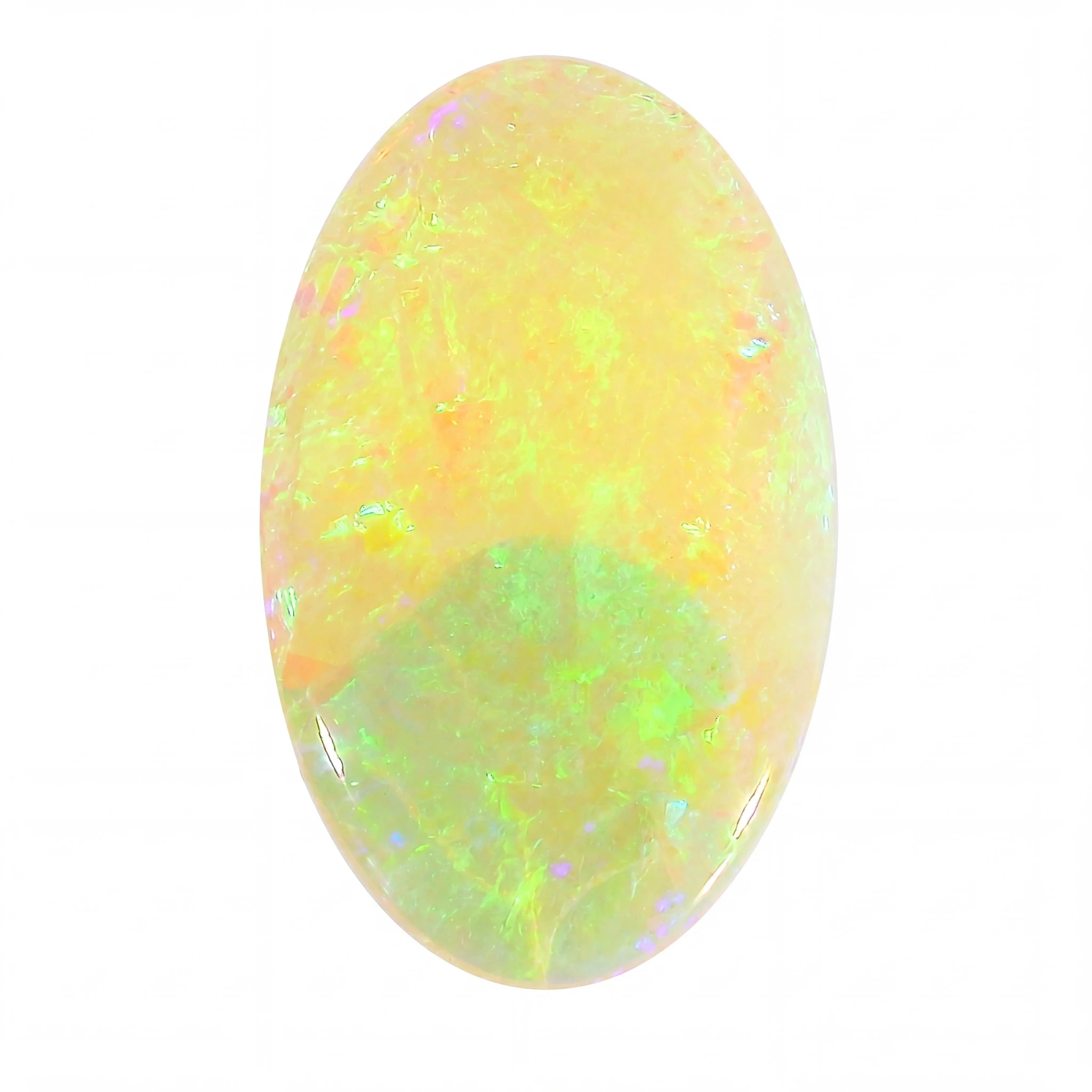 An oval cabochon opal gemstone displaying a vibrant play-of-colour with yellow, green, orange, and purple flashes on a solid white background.