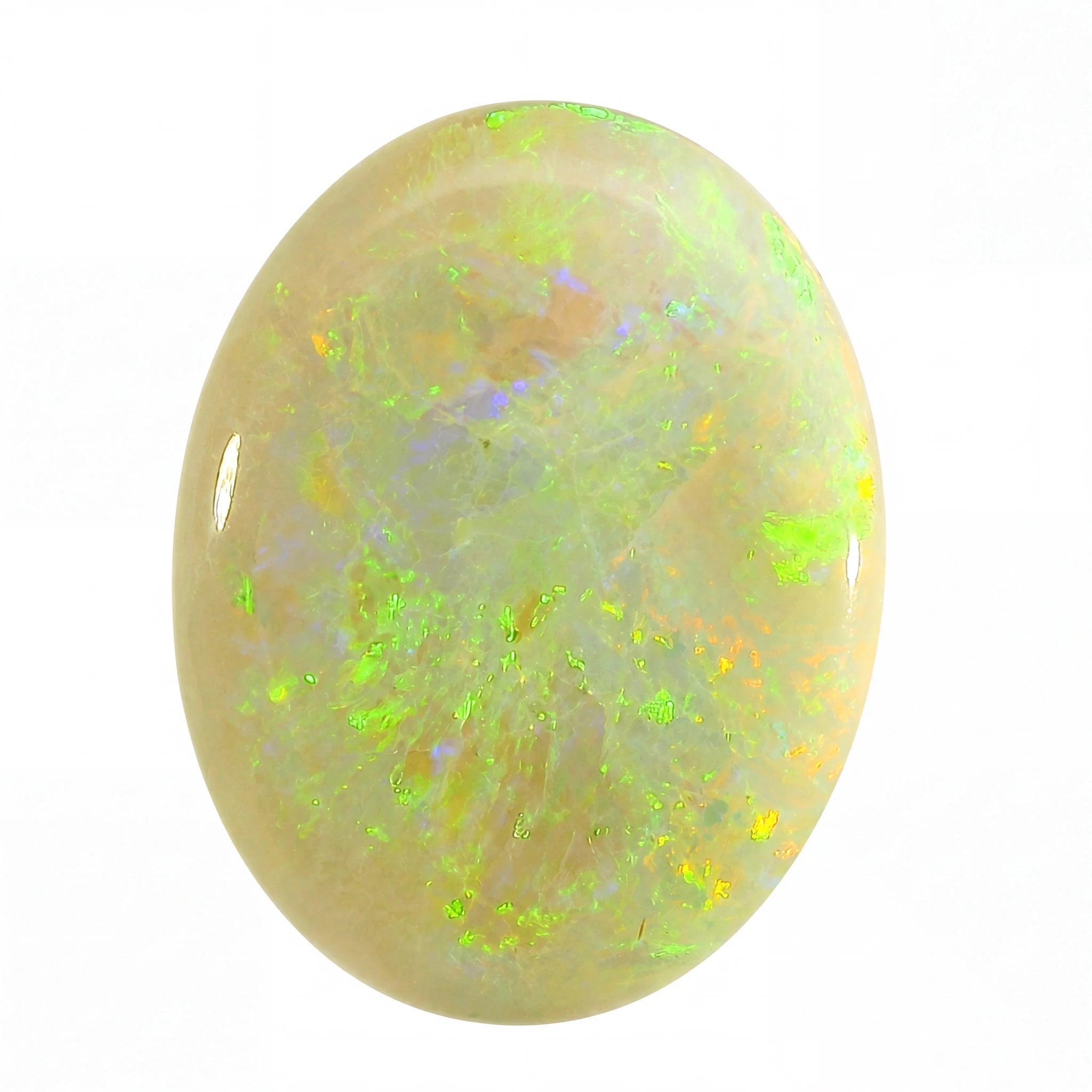 Opal stone with green and yellow fluorescence on a white background
