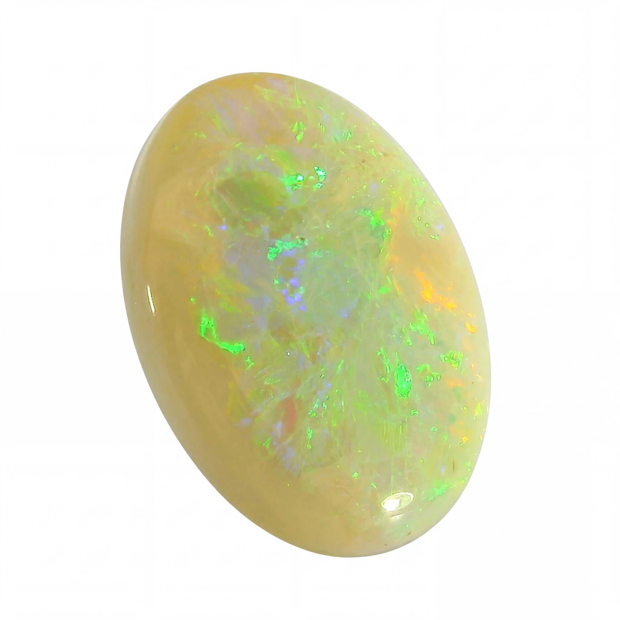 A polished oval cabochon opal gemstone with a creamy yellow base and vibrant green, blue, and orange flashes, shown on a plain white background.