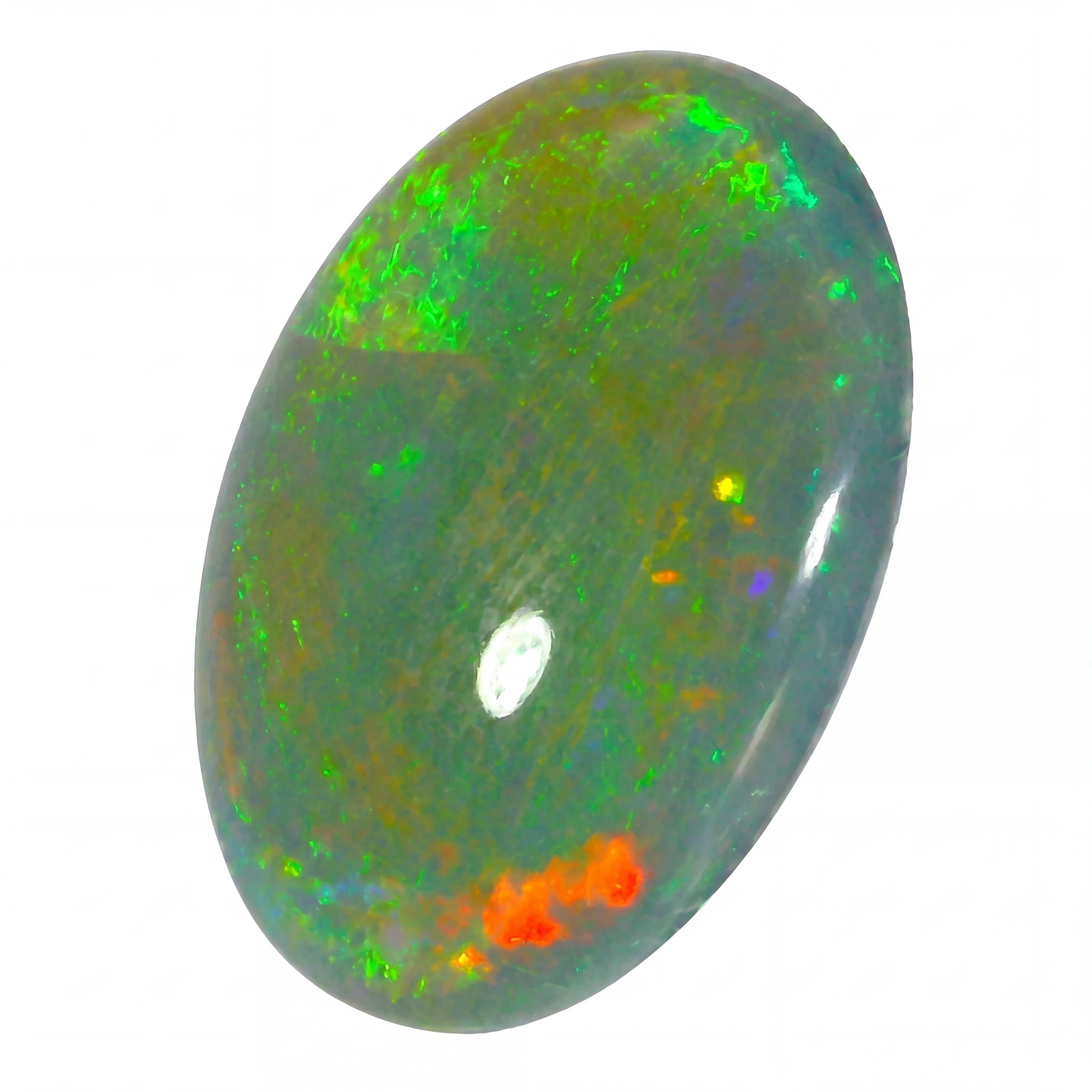 Opal stone with multicoloured fluorescence on a white background