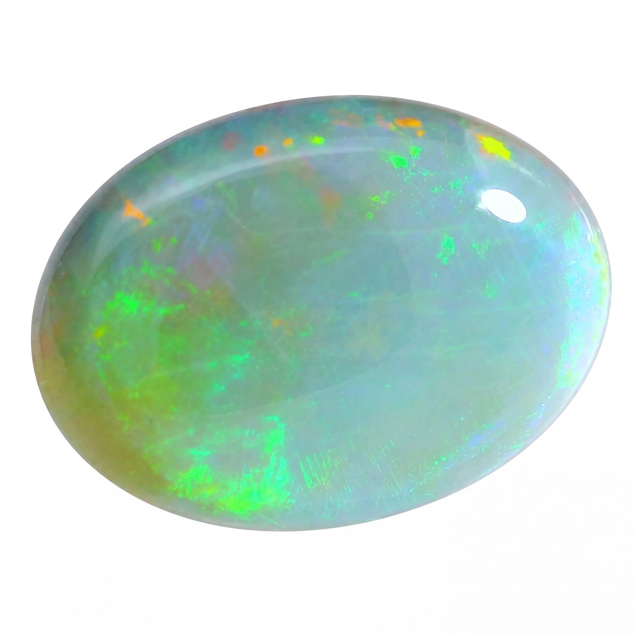 Opal stone with multicoloured fluorescence on a white background