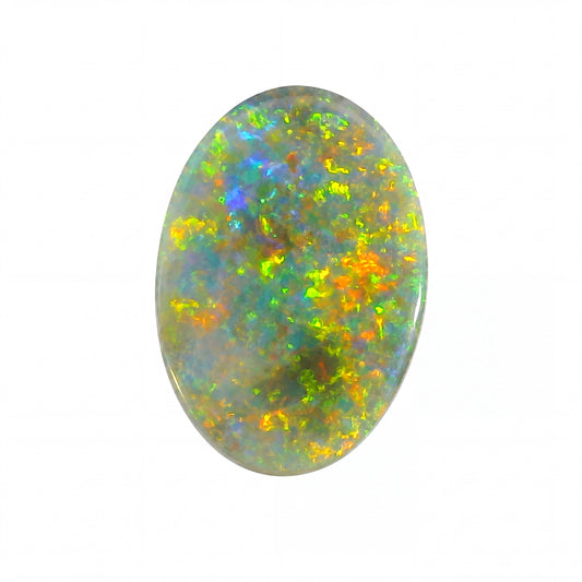 Oval-shaped opal stone with multicoloured play of colours on a white background