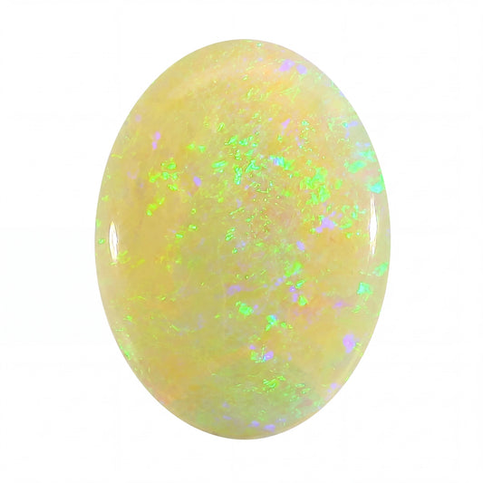 Opal stone with green and purple speckles on a white background