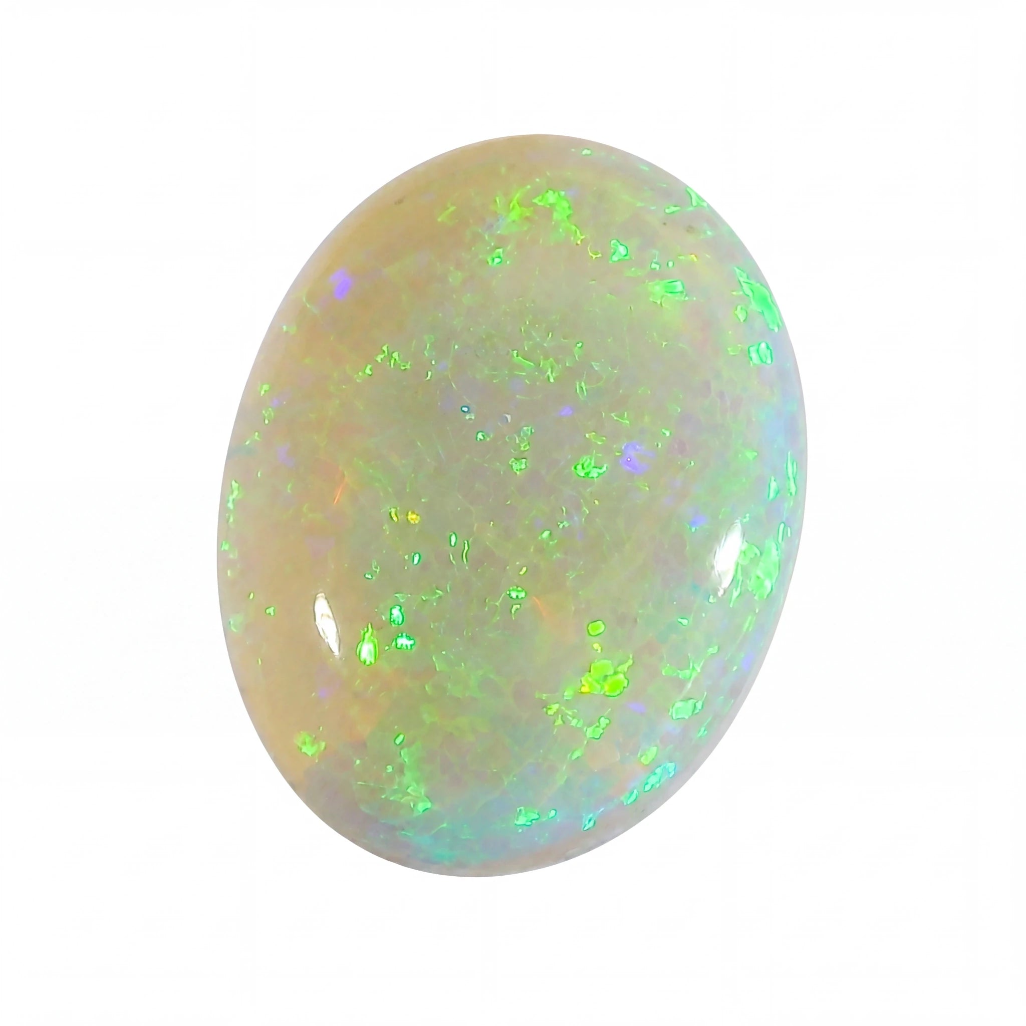 Opal stone with green and white colours on a white background