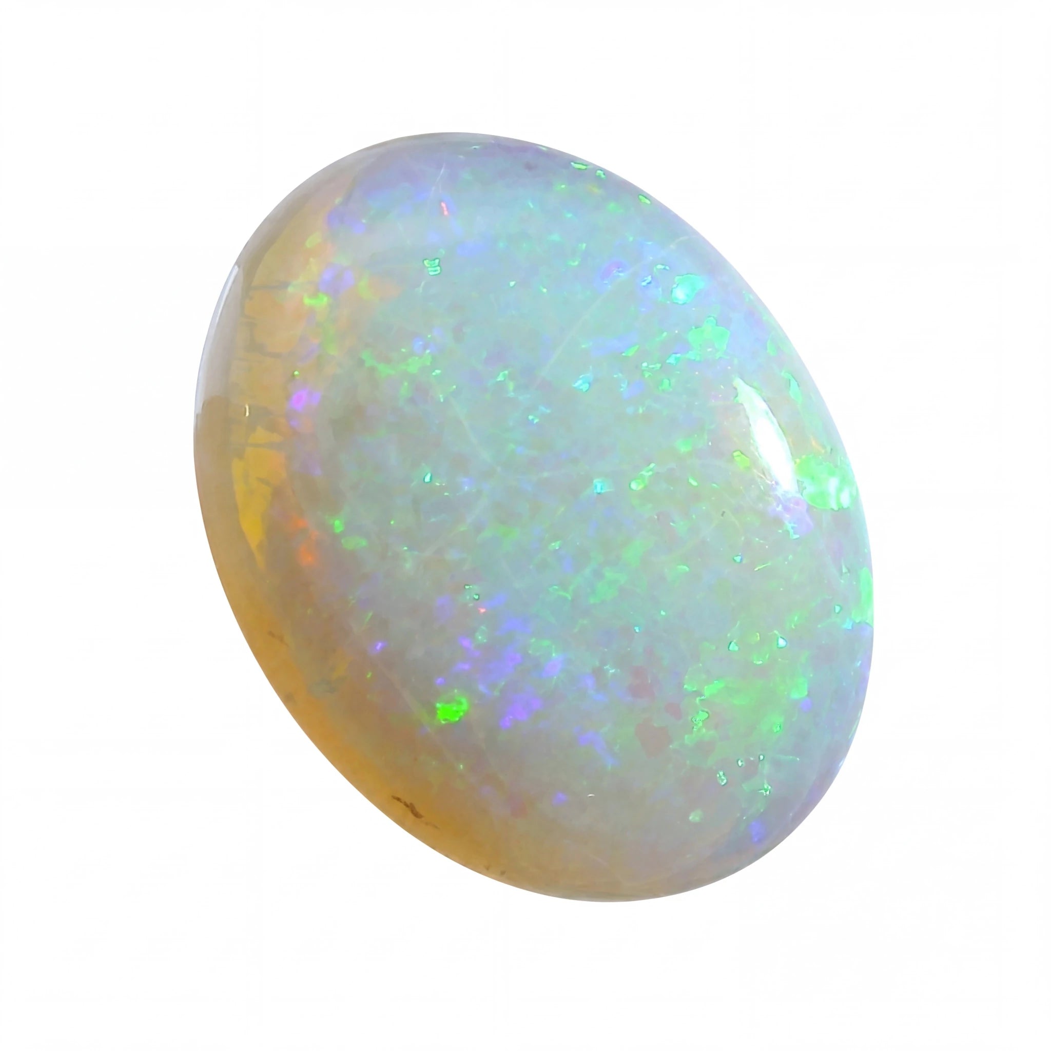Opal stone with multicoloured play of light on a white background