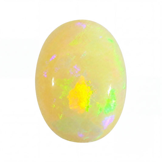 Opal stone with multicoloured fluorescence on a white background