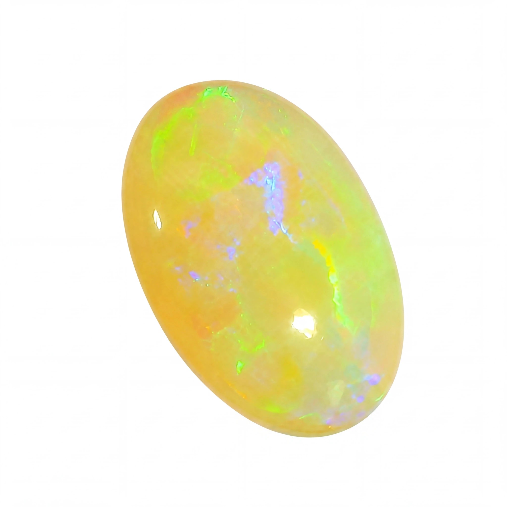 Oval-shaped opal stone with multicolour play of light on a white background