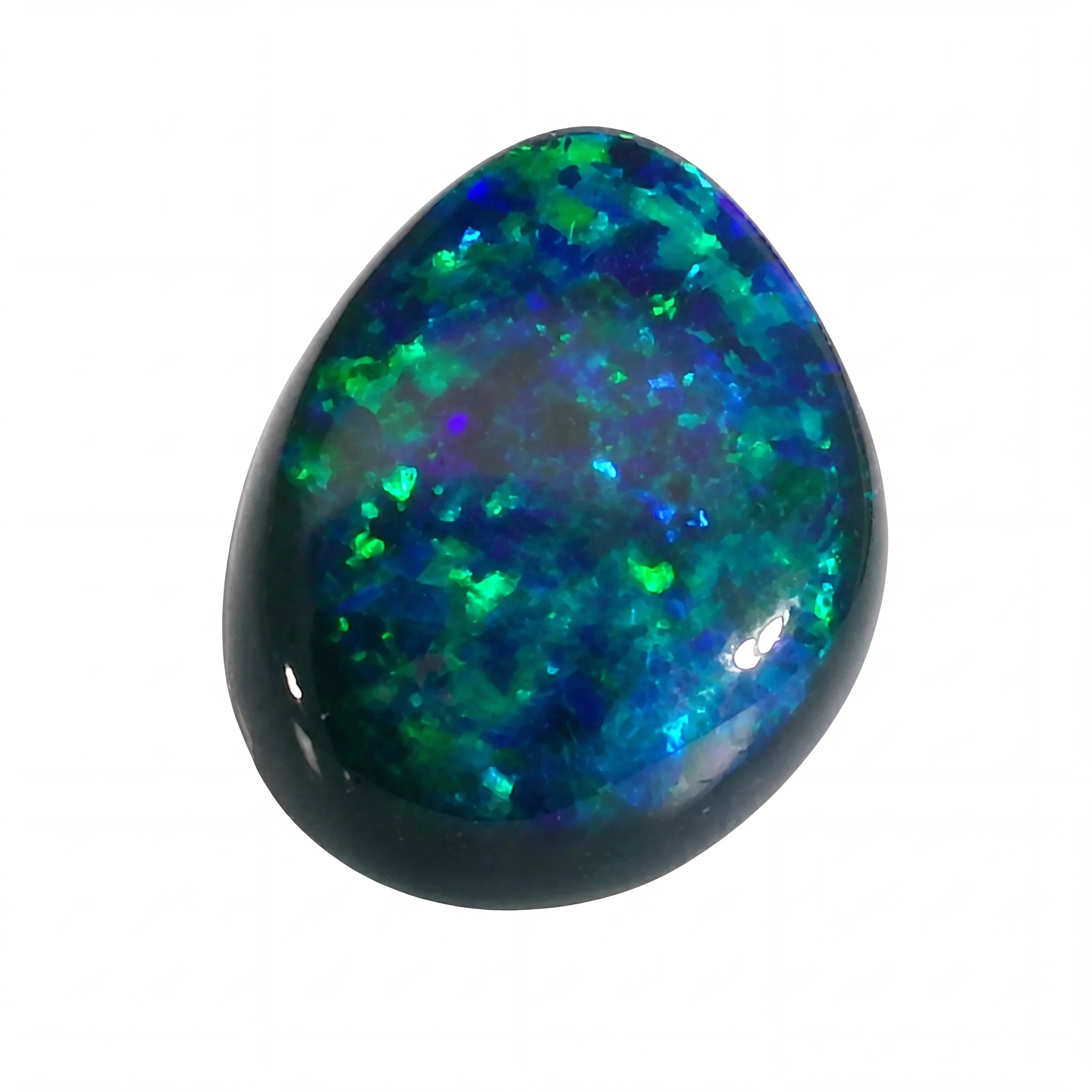 Oval-shaped opal gemstone with vibrant green and blue colours on a white background