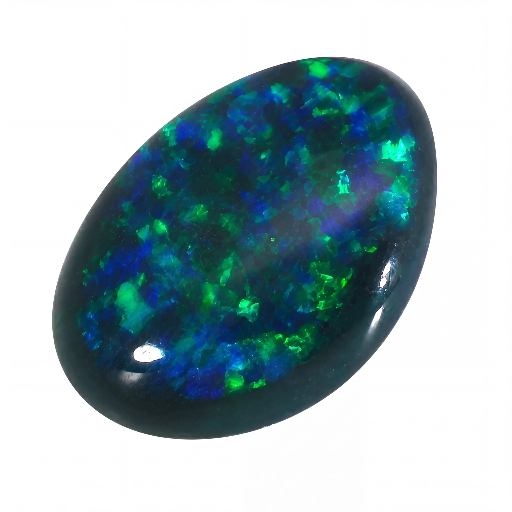 Oval-shaped opal stone with green and blue colours on a white background