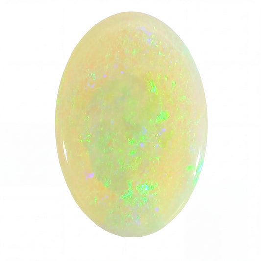 Oval-shaped opal stone with green fluorescence on a white background