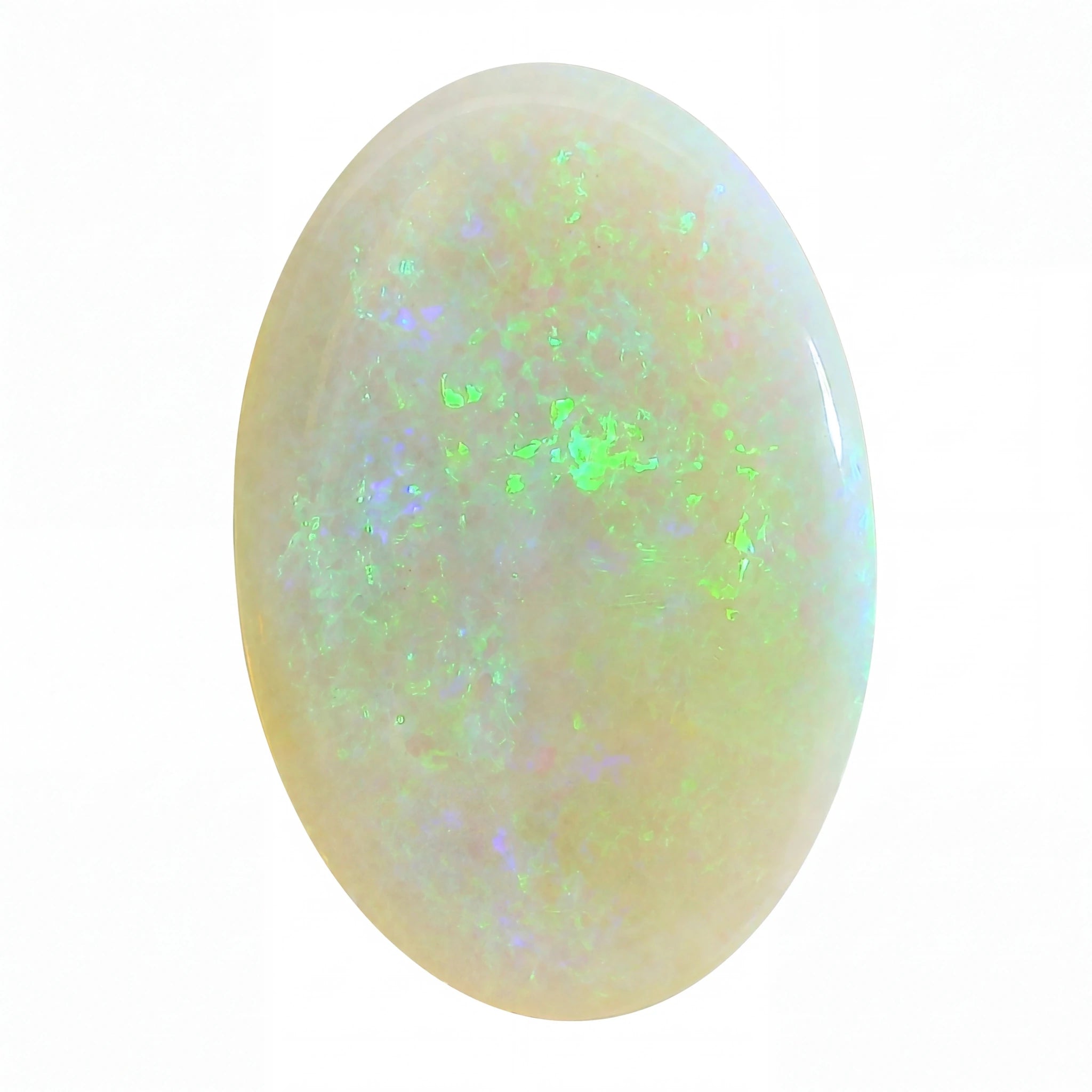 Opal stone with colourful play of light on a white background