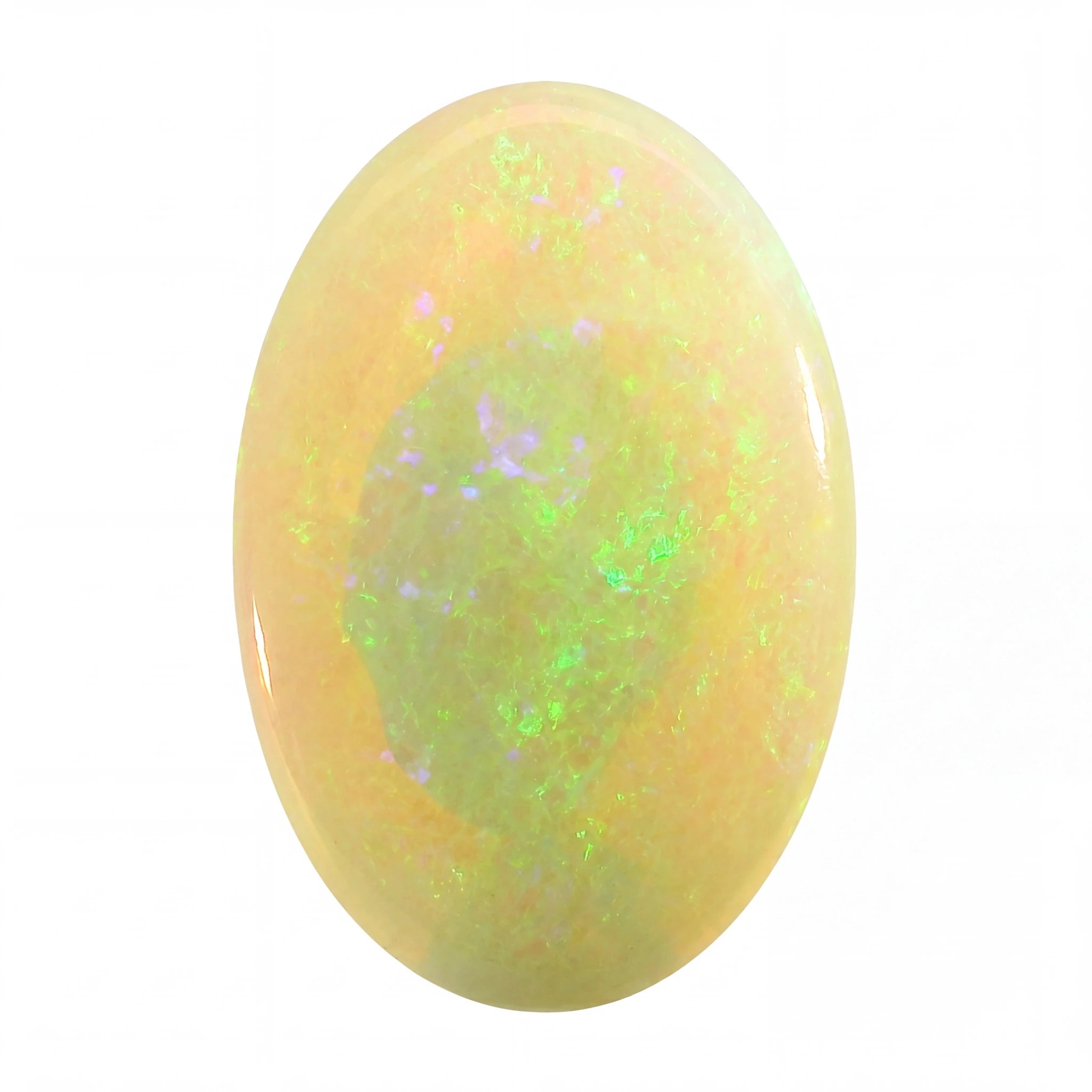 Opal stone with green and purple play of colour on a white background
