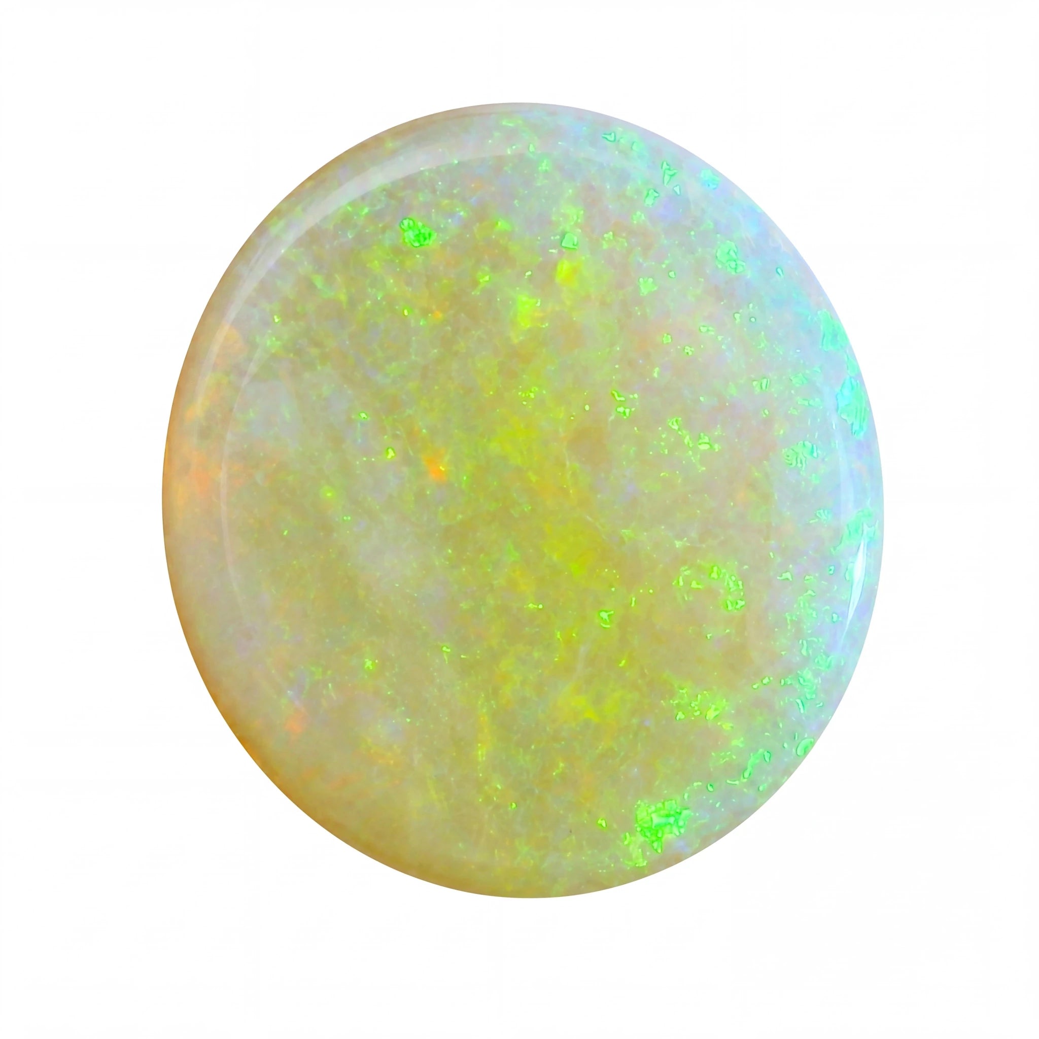Round opal stone with green and yellow fluorescence on a white background