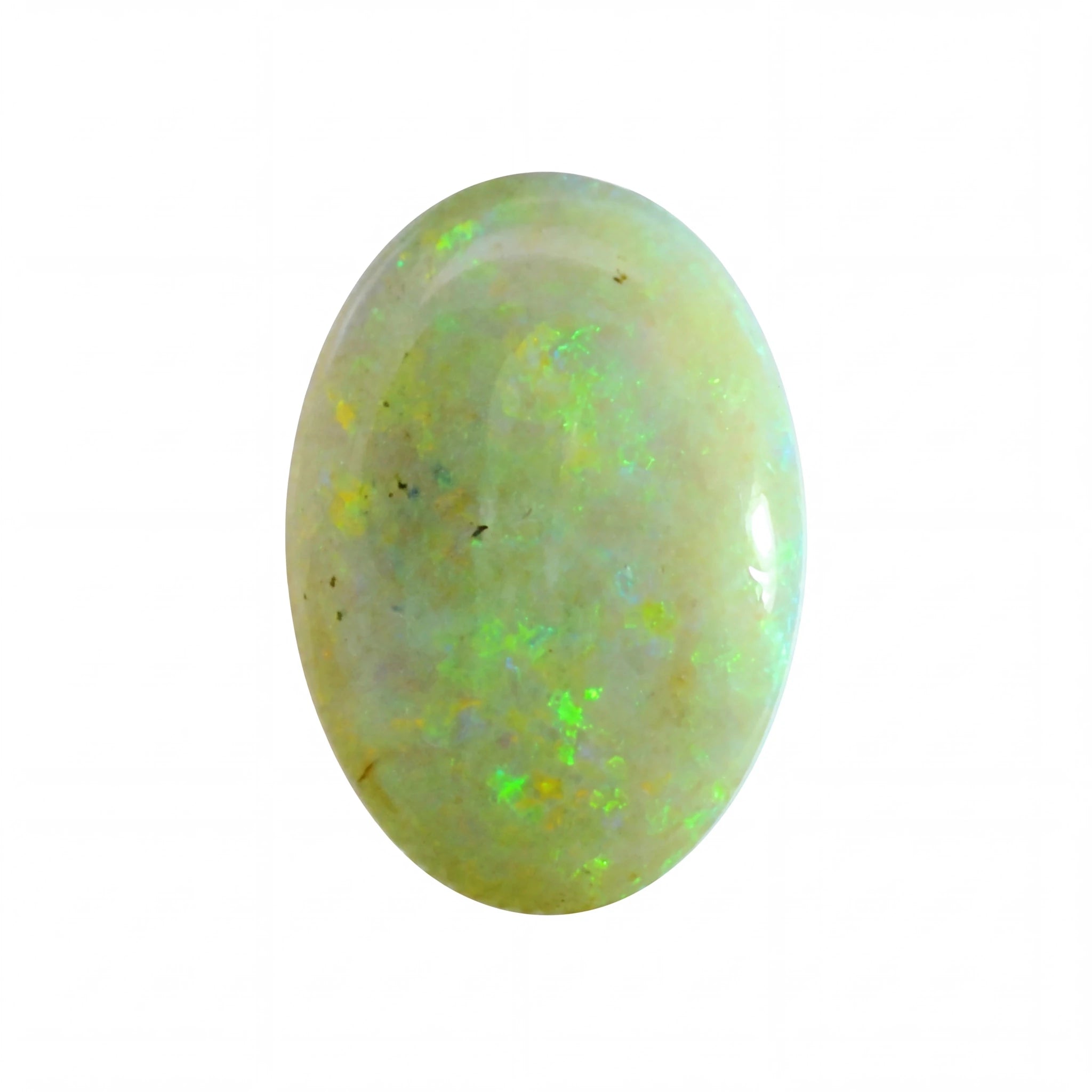 Opal stone with green and yellow fluorescence on a white background