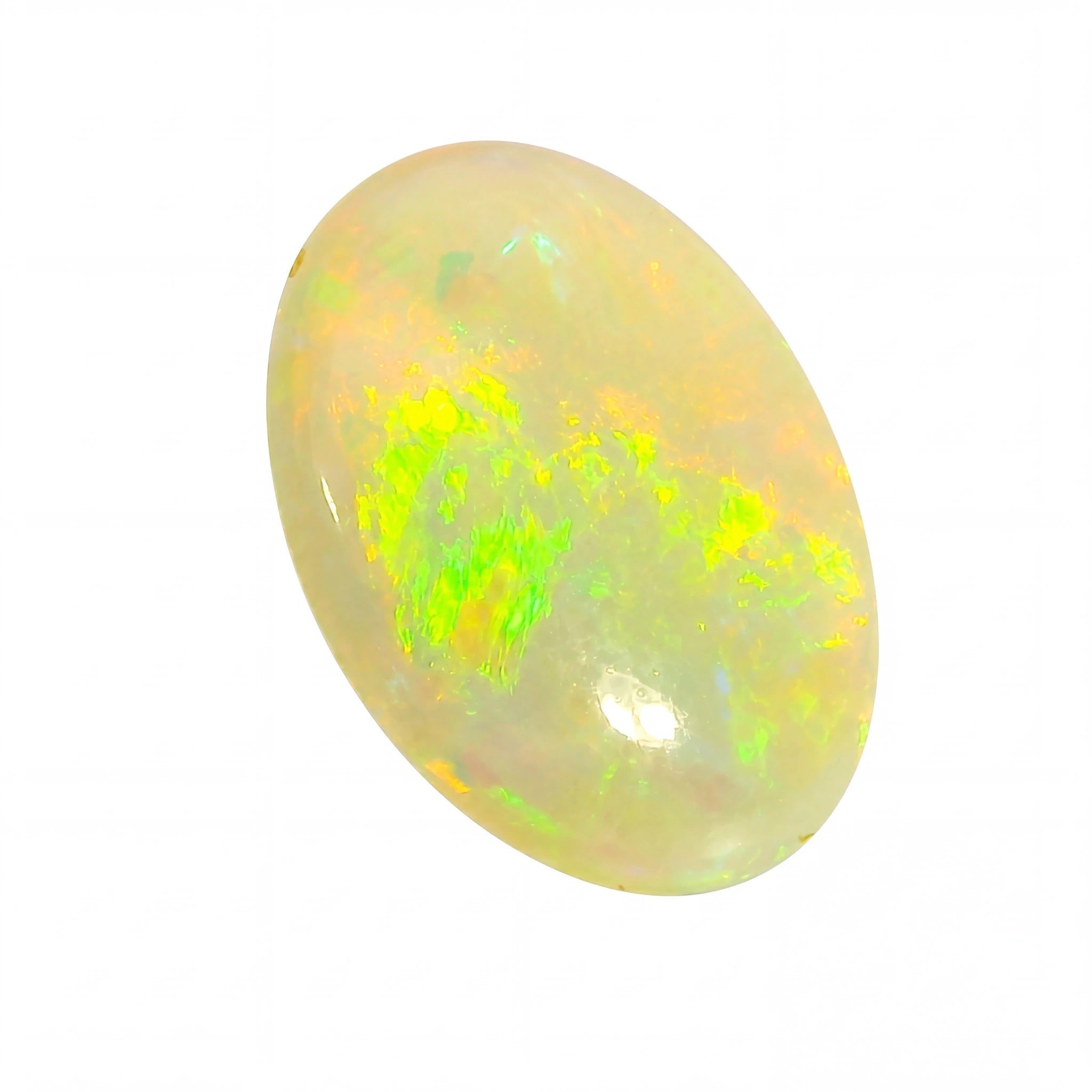 Oval-shaped opal stone with vibrant green and yellow colours on a white background