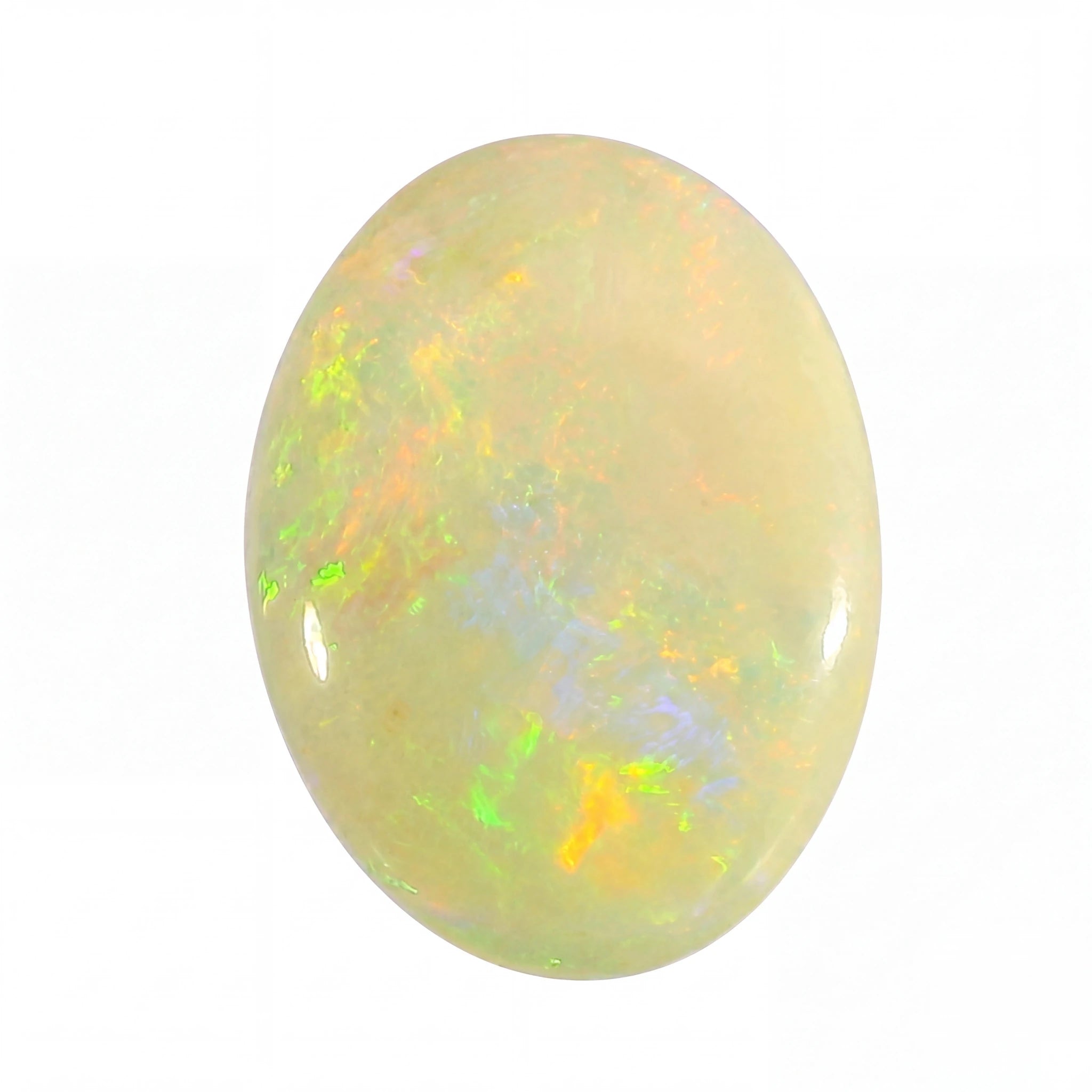 Opal stone with multicoloured play of light on a white background