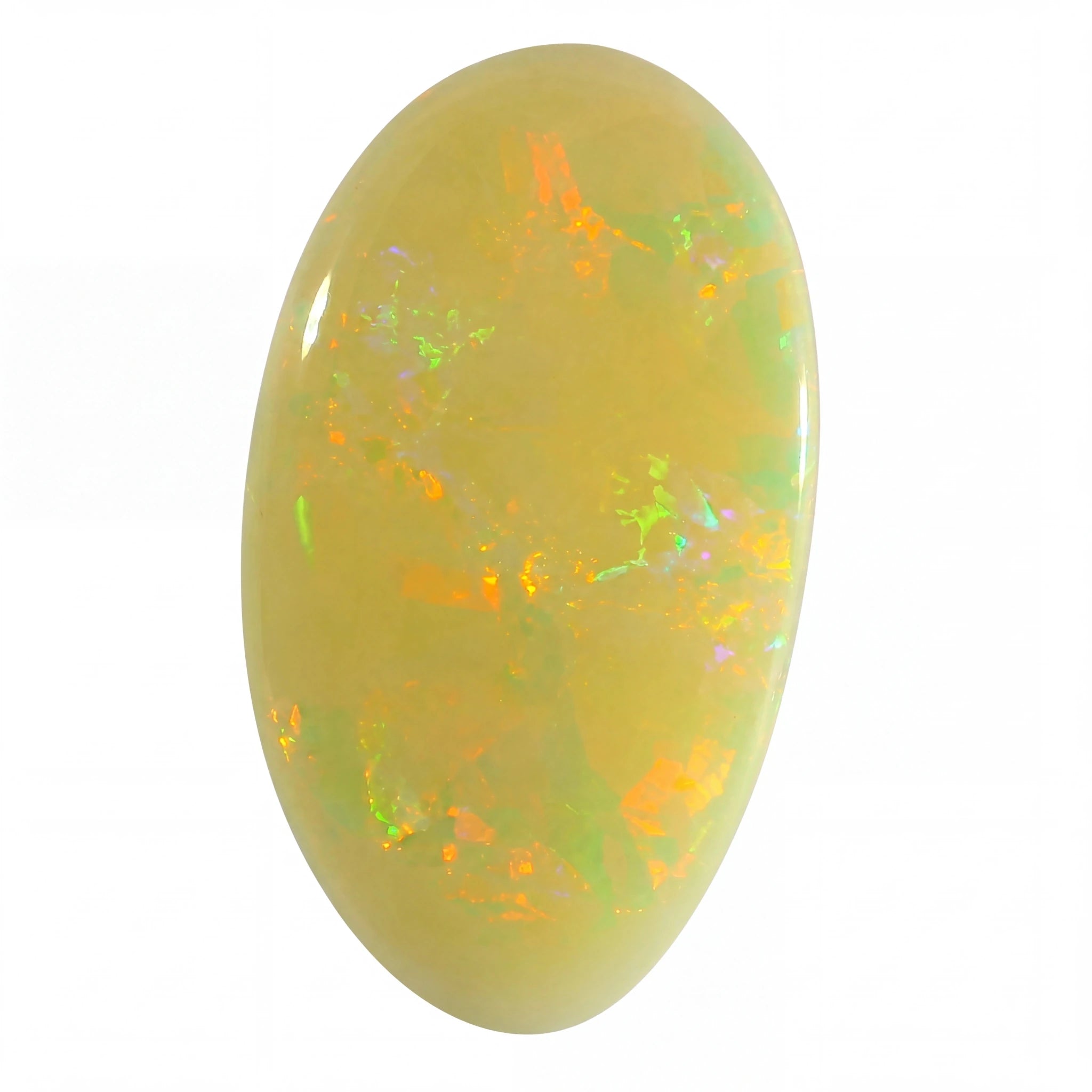 Oval-shaped opal stone with multicoloured play of light on a white background